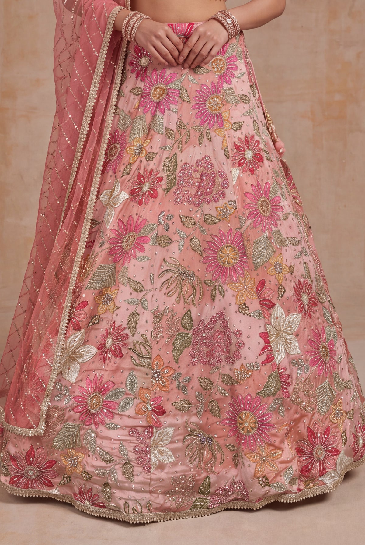 Peach Crepe Silk Lehenga - Mokshaa
