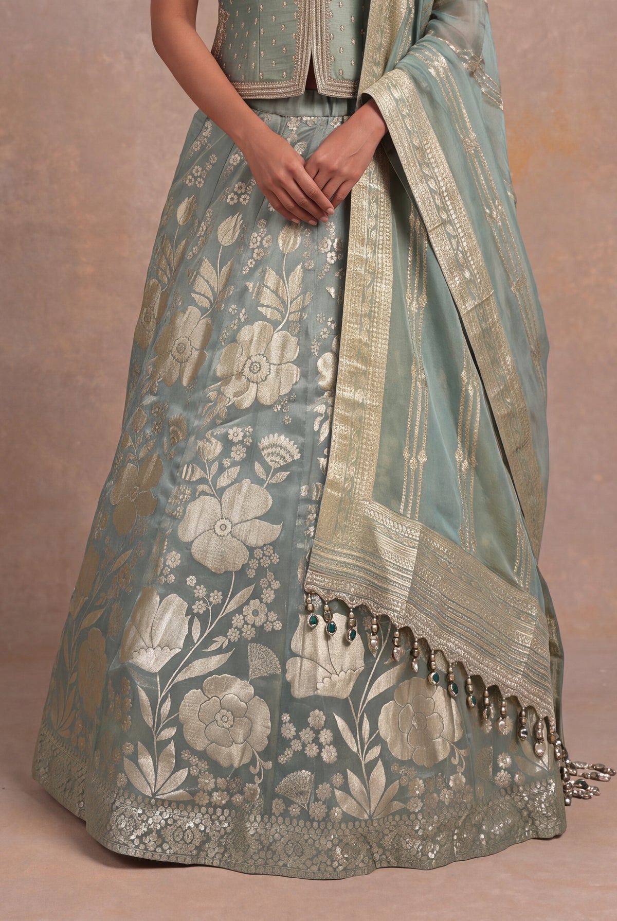 Sage Green Banarasi Tissue Silk Lehenga with Embellished Blouse - Mokshaa