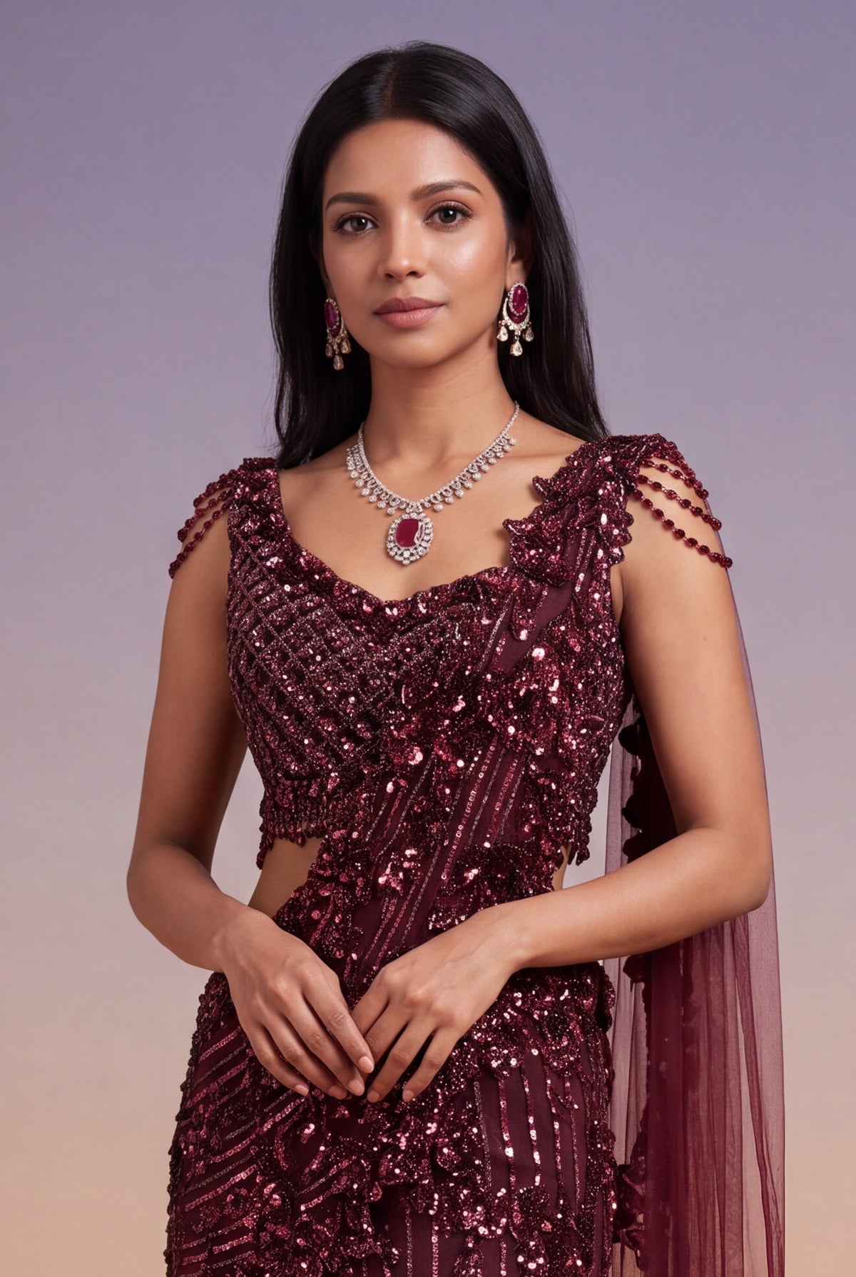 Wine Net Fish-Cut Indo-Western Drape Saree - Mokshaa