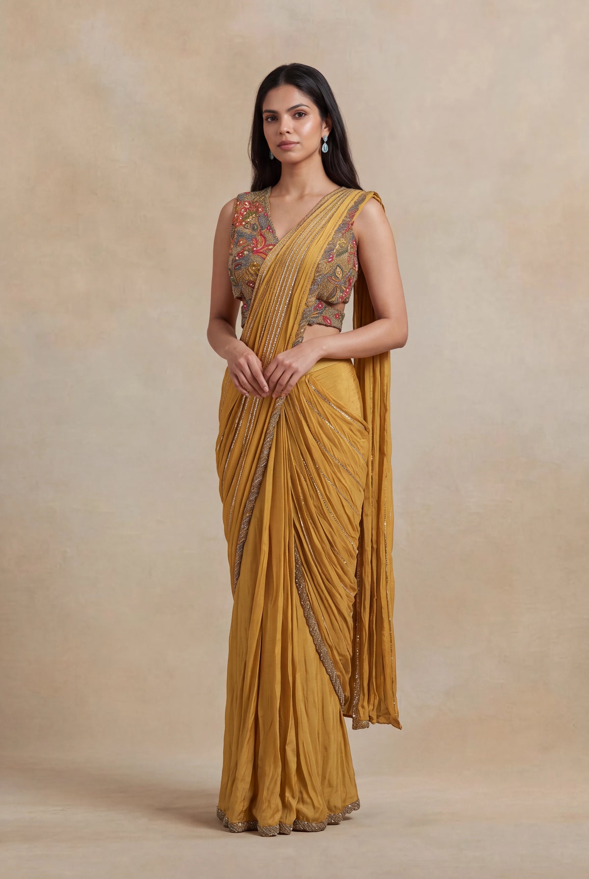 Mustard Yellow Draped Saree with Metallic Embroidered Blouse - Mokshaa