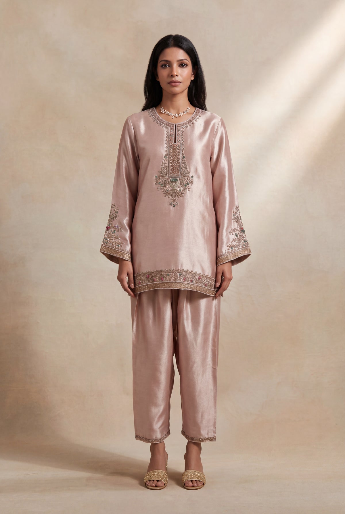 Blush Pink Tissue Indo-Western Set - Mokshaa
