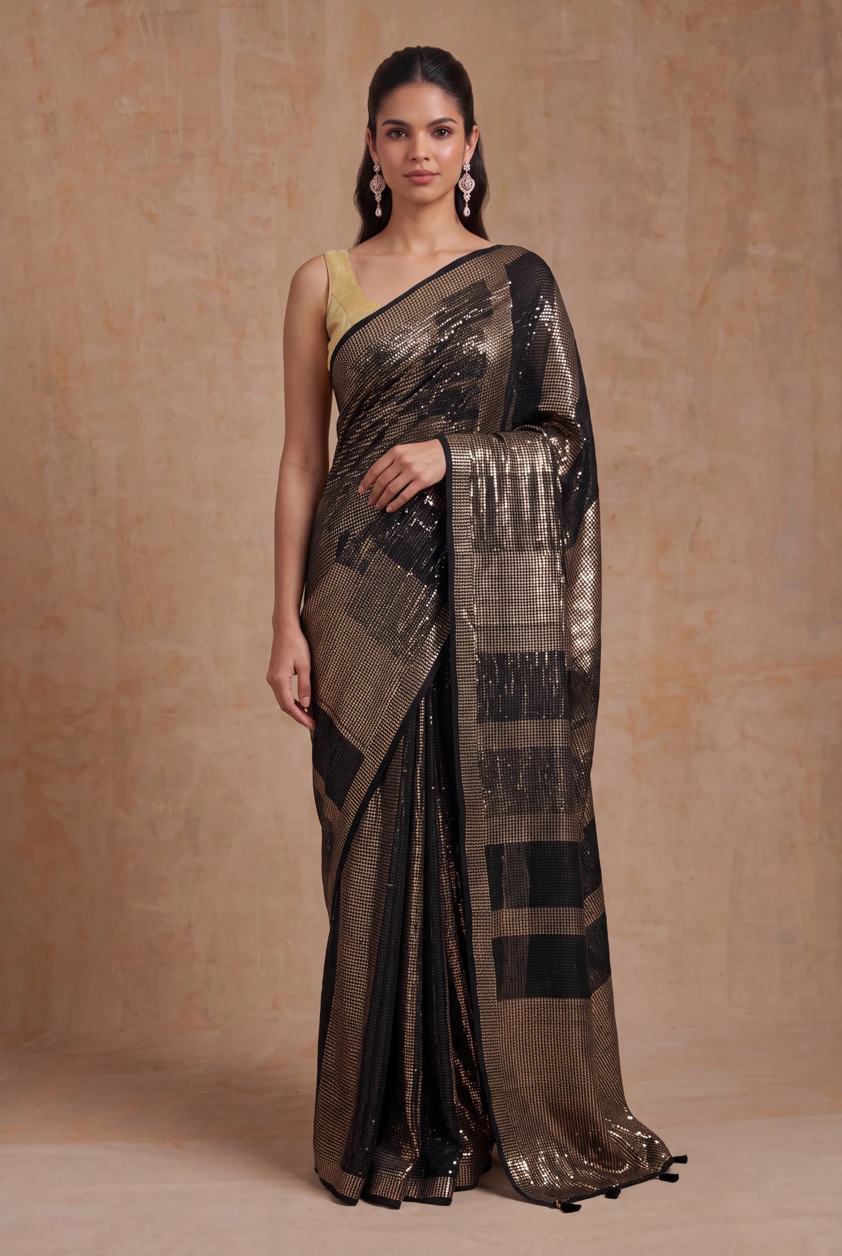 Black Georgette Antique Sequin Saree - Mokshaa