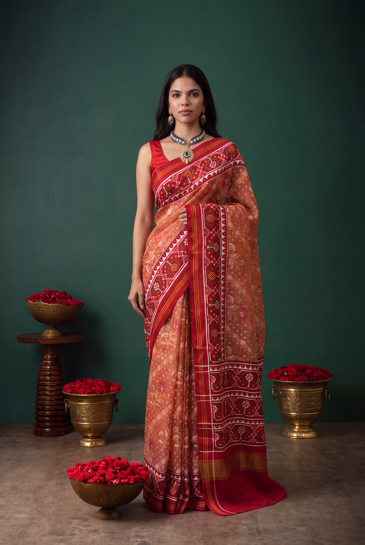 Peach Kora Silk Jamdani Saree - Mokshaa