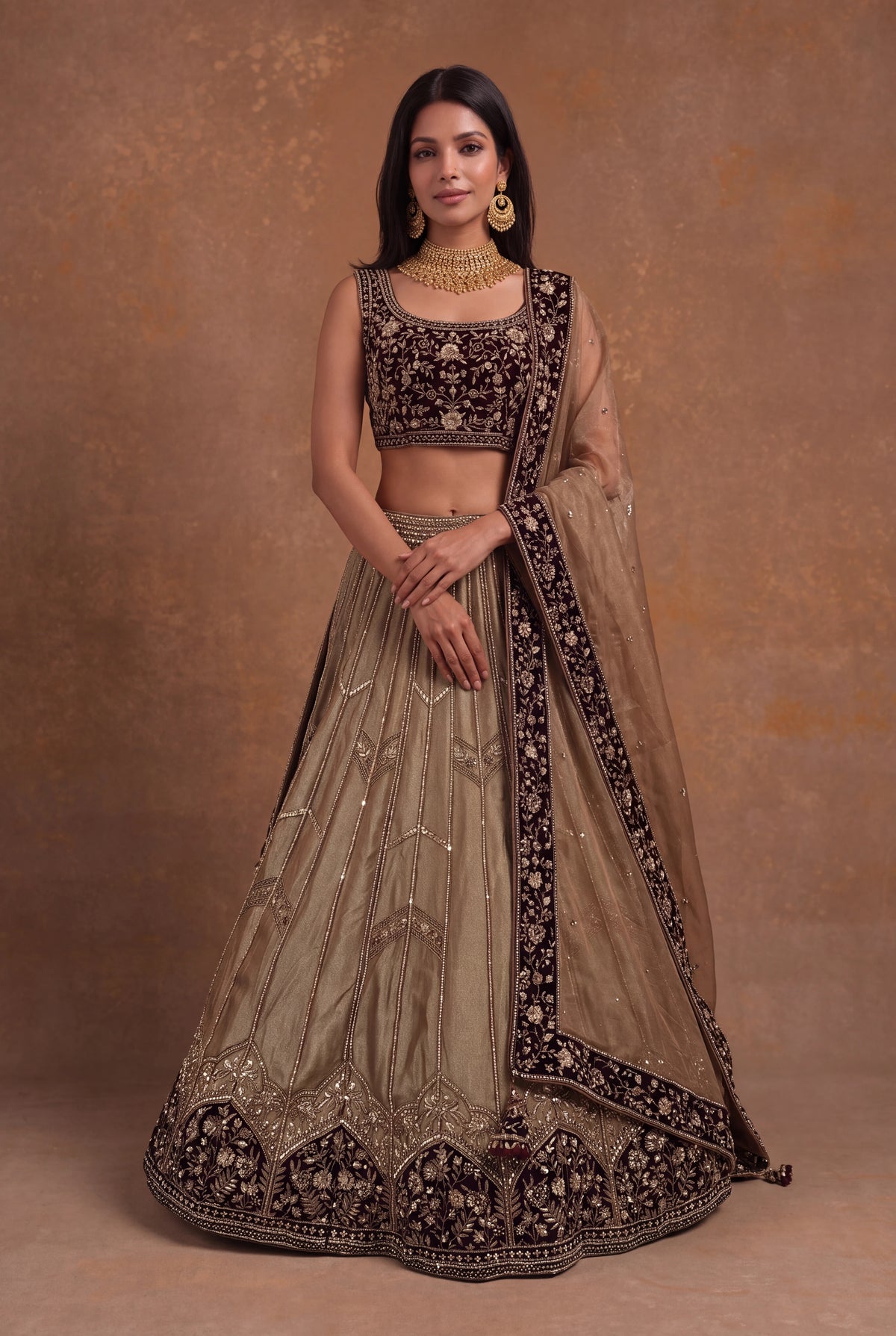 Tissue Lehenga with Maroon Velvet Blouse - Mokshaa