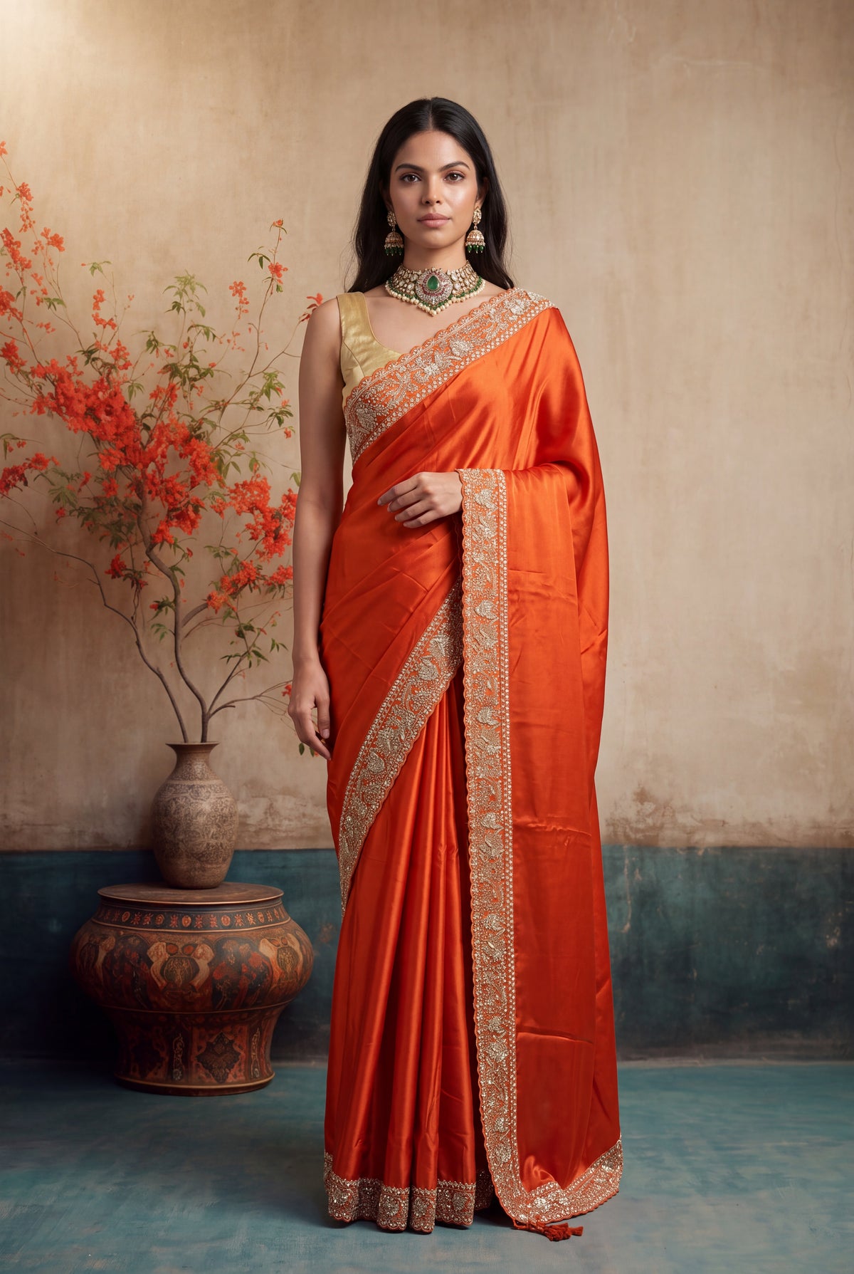 Orange Satin Silk Saree - Mokshaa