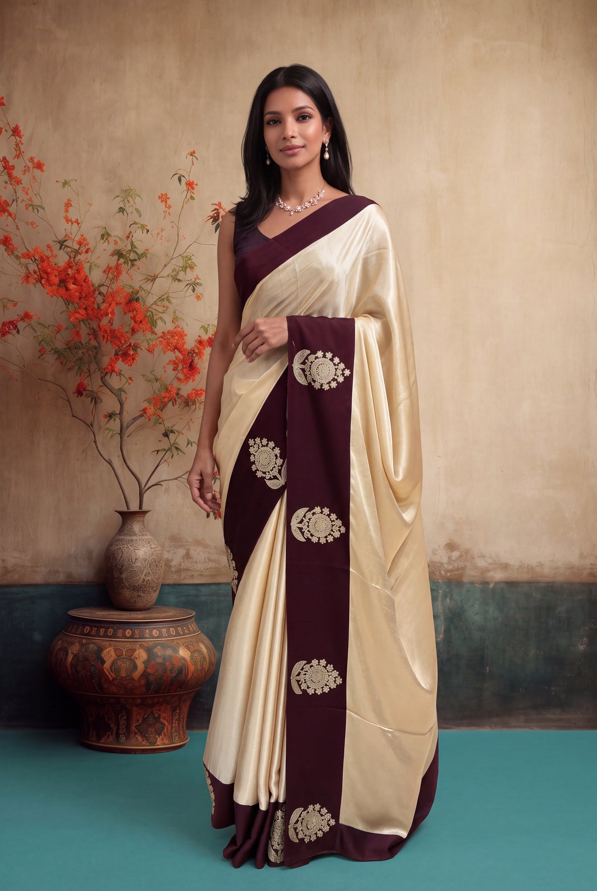 Ivory Crepe Silk Saree - Mokshaa