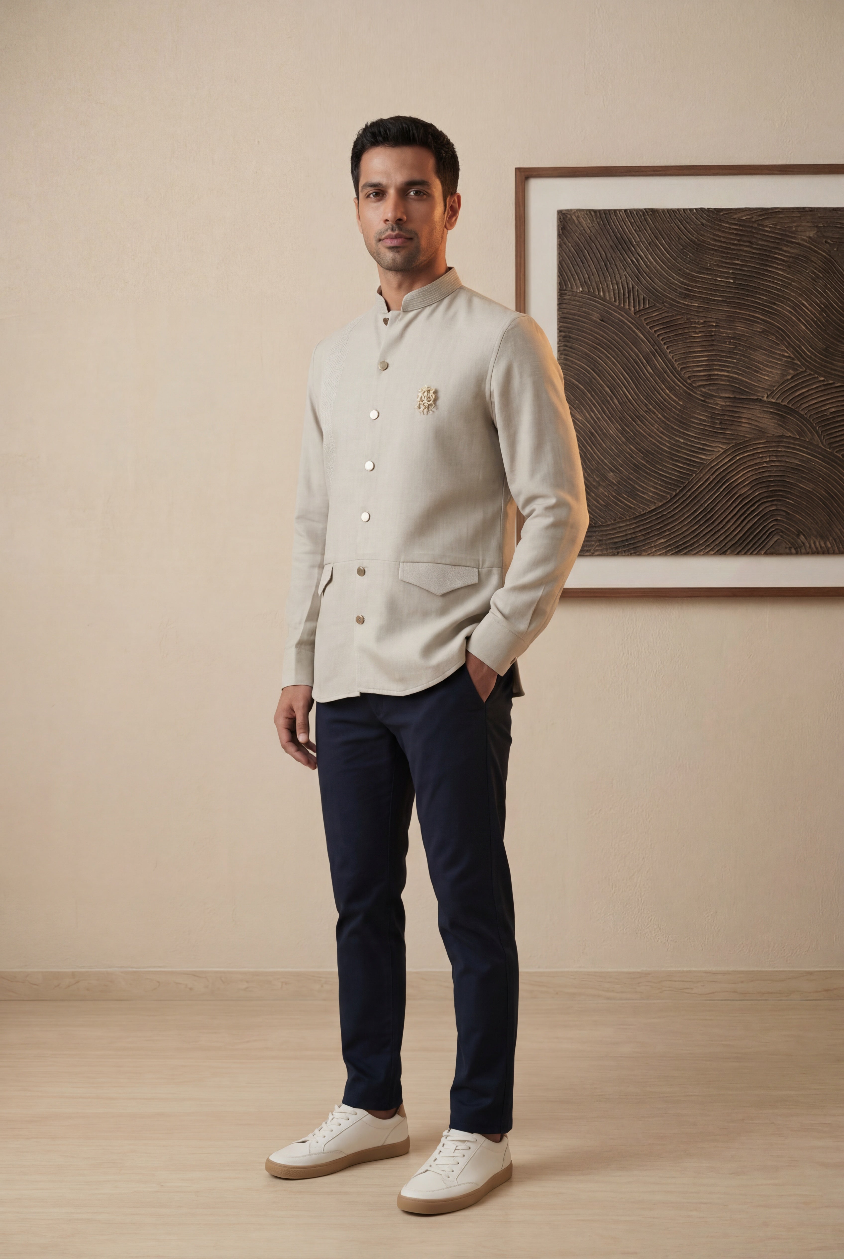 Beige Japanese Silk Mandarin Collar Shirt
