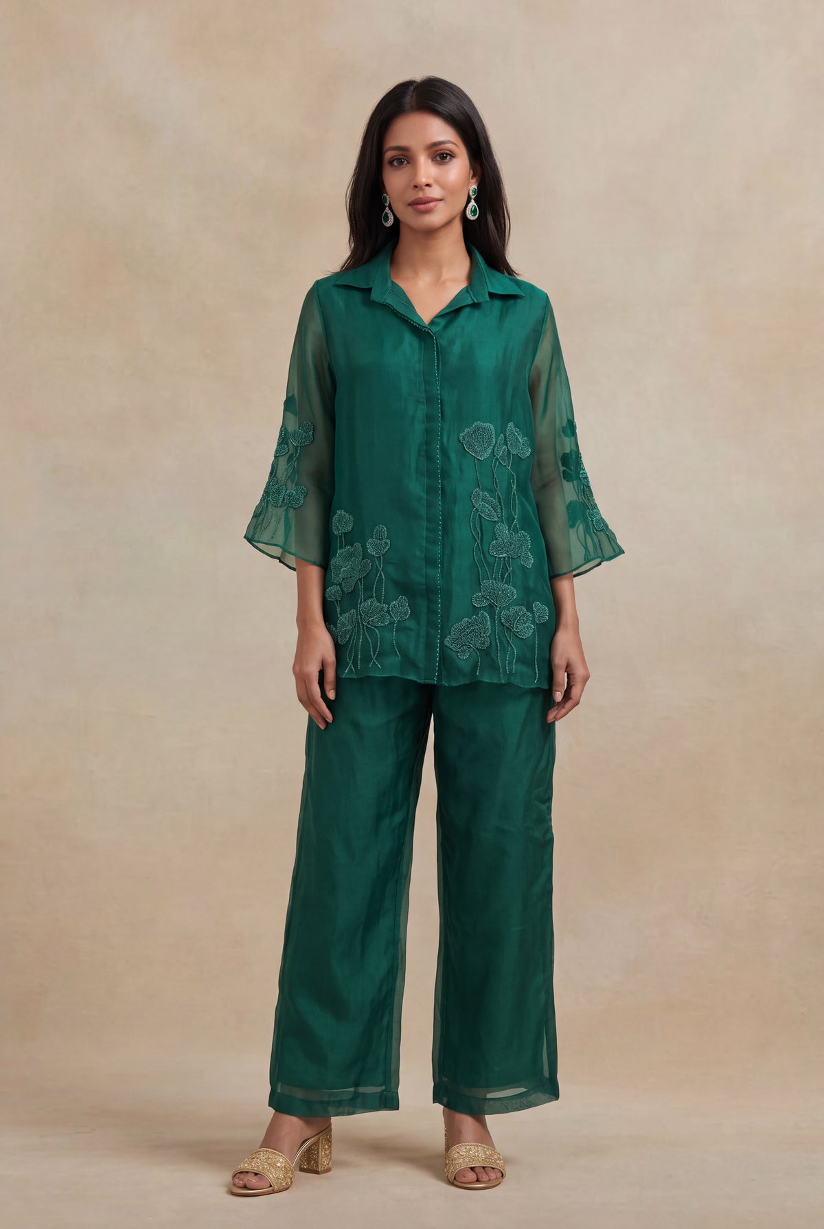 Emerald Green Organza Co-ord Set - Mokshaa