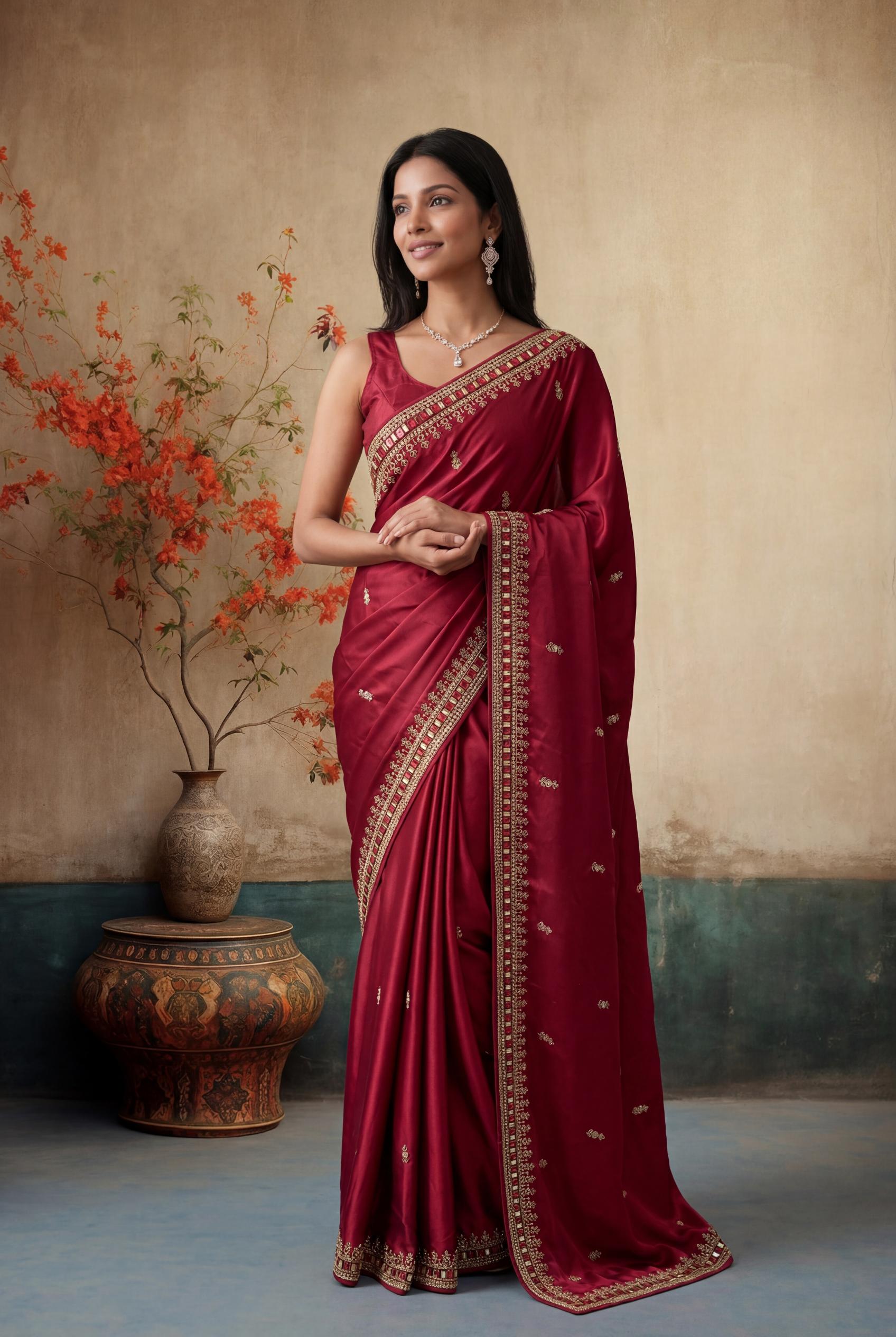 Marronish Red Satin Saree