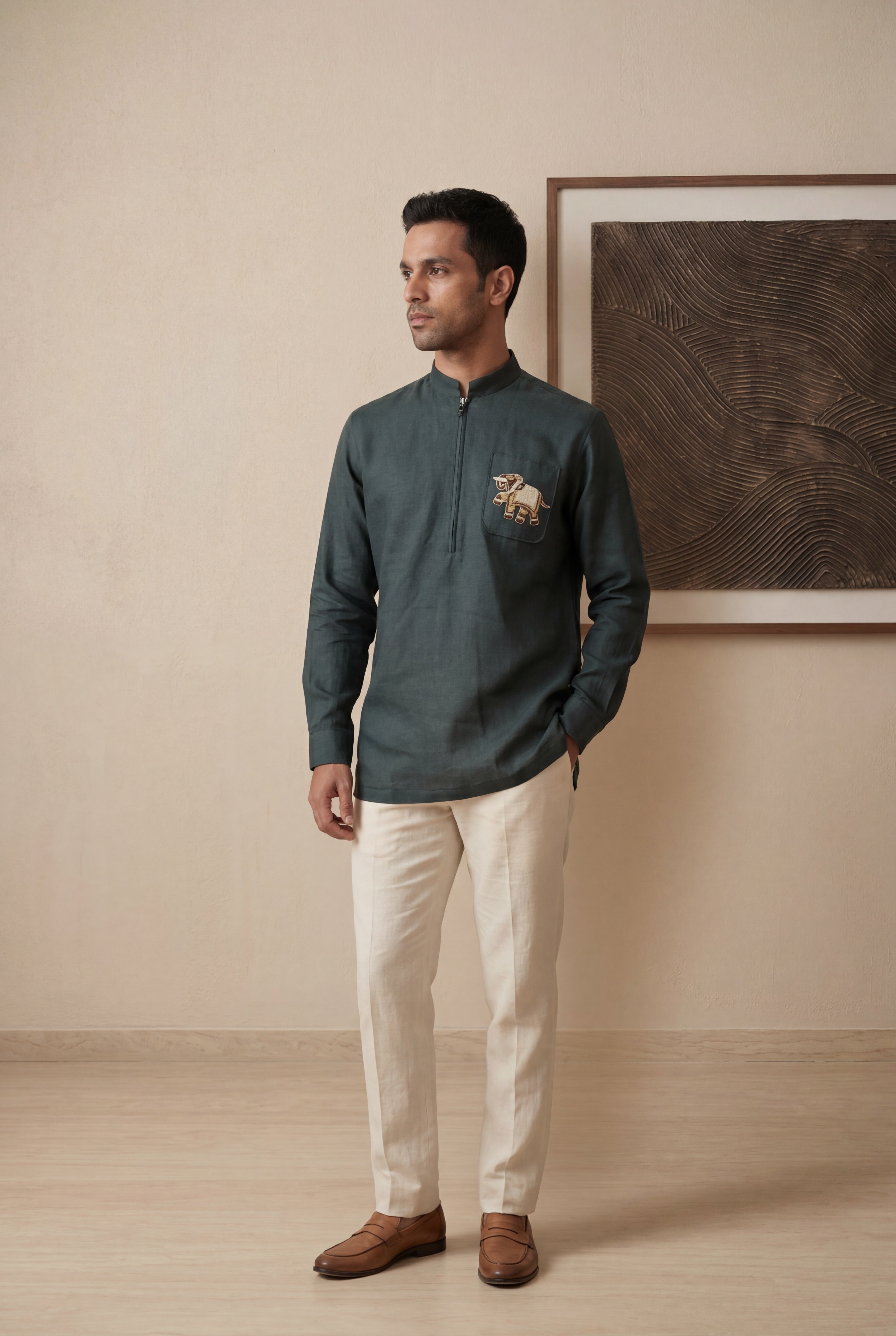 Teal Green Linen Short Kurta with Elephant Embroidery