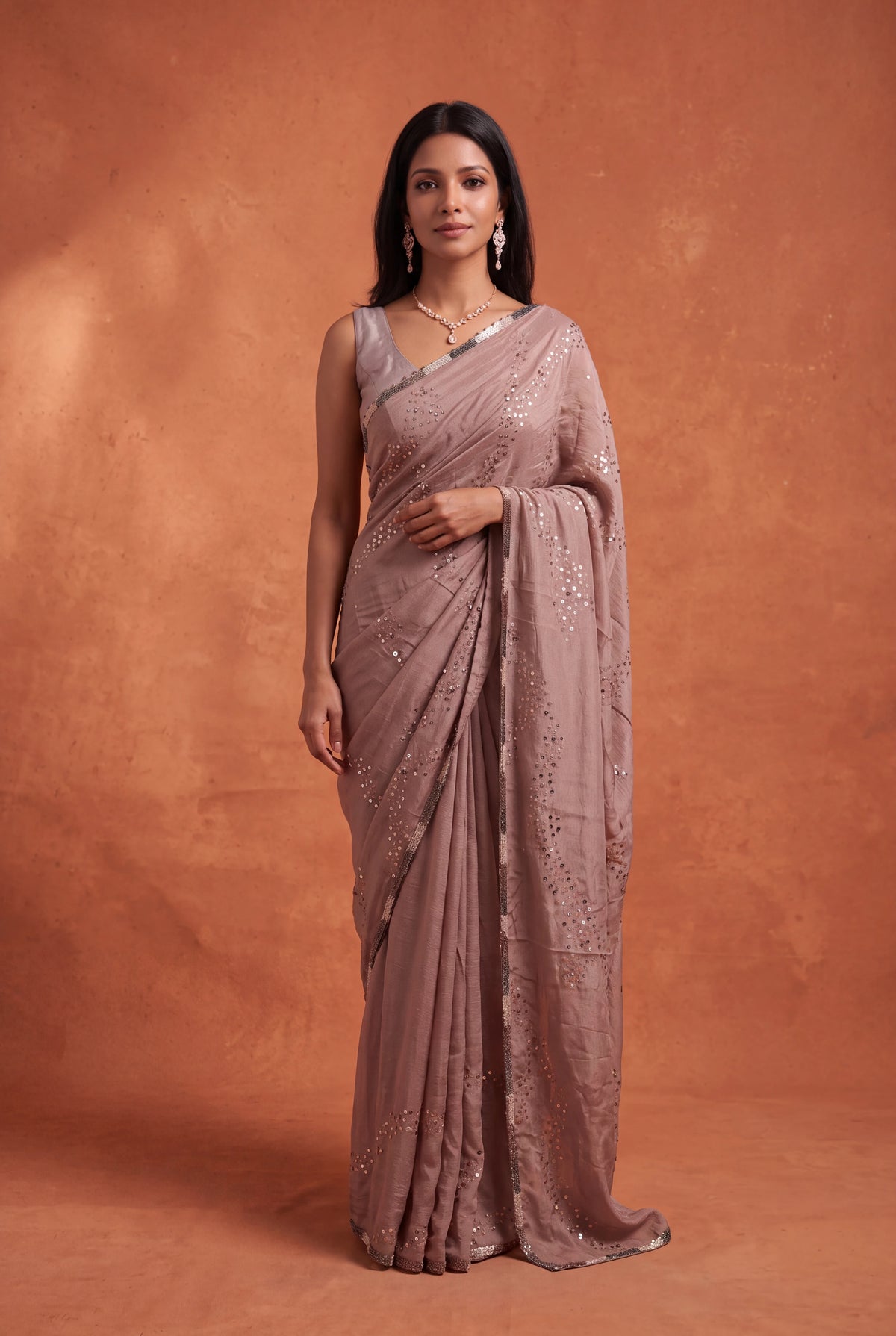 Brown Crush Crepe Saree with Sequin Work - Mokshaa
