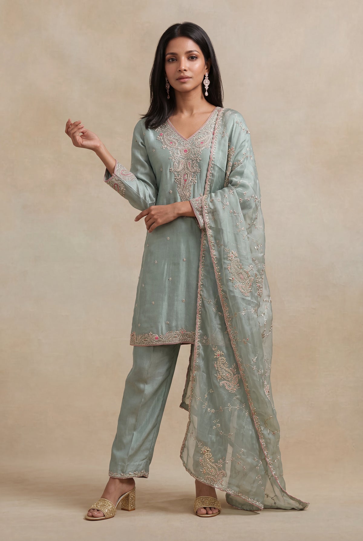 Sage Green Tissue Zardozi Straight Cut Salwar Suit - Mokshaa