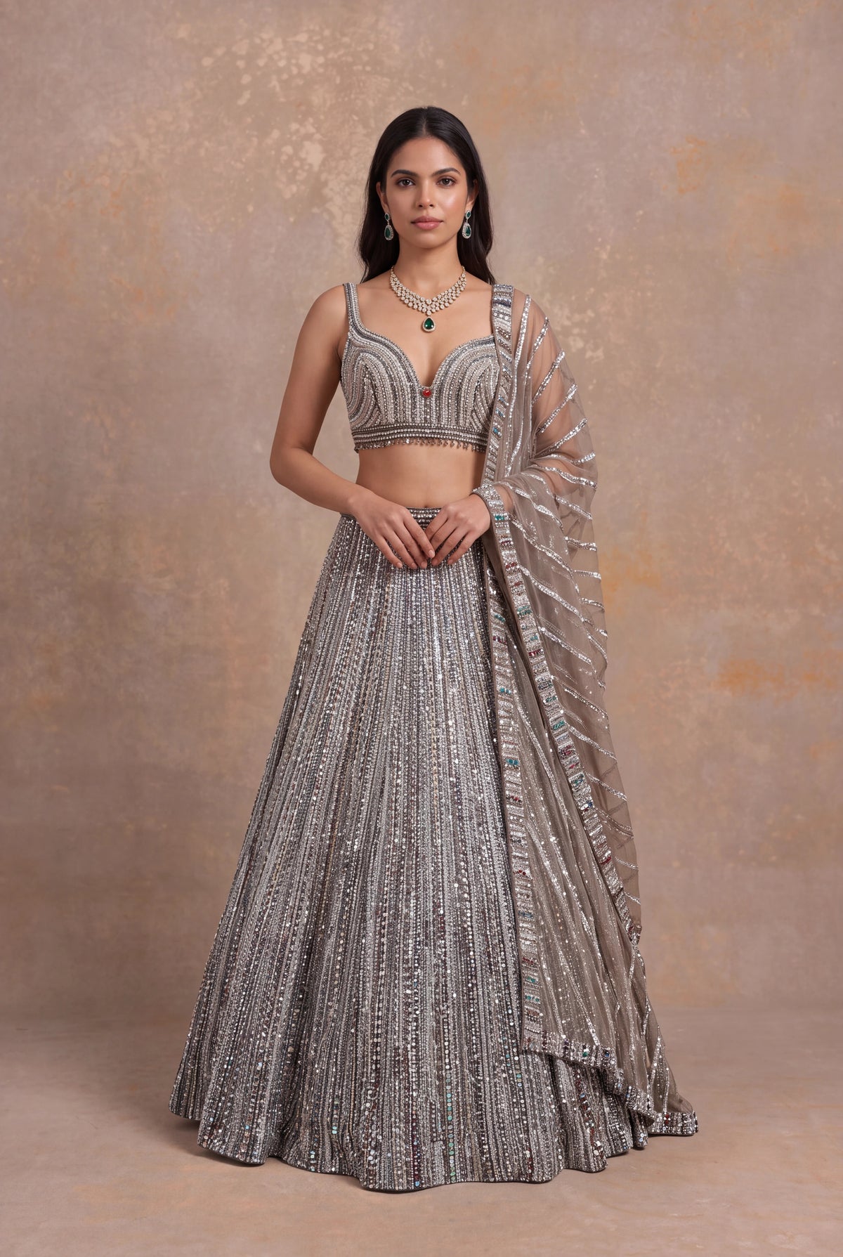 Beige Net Lehenga - Mokshaa
