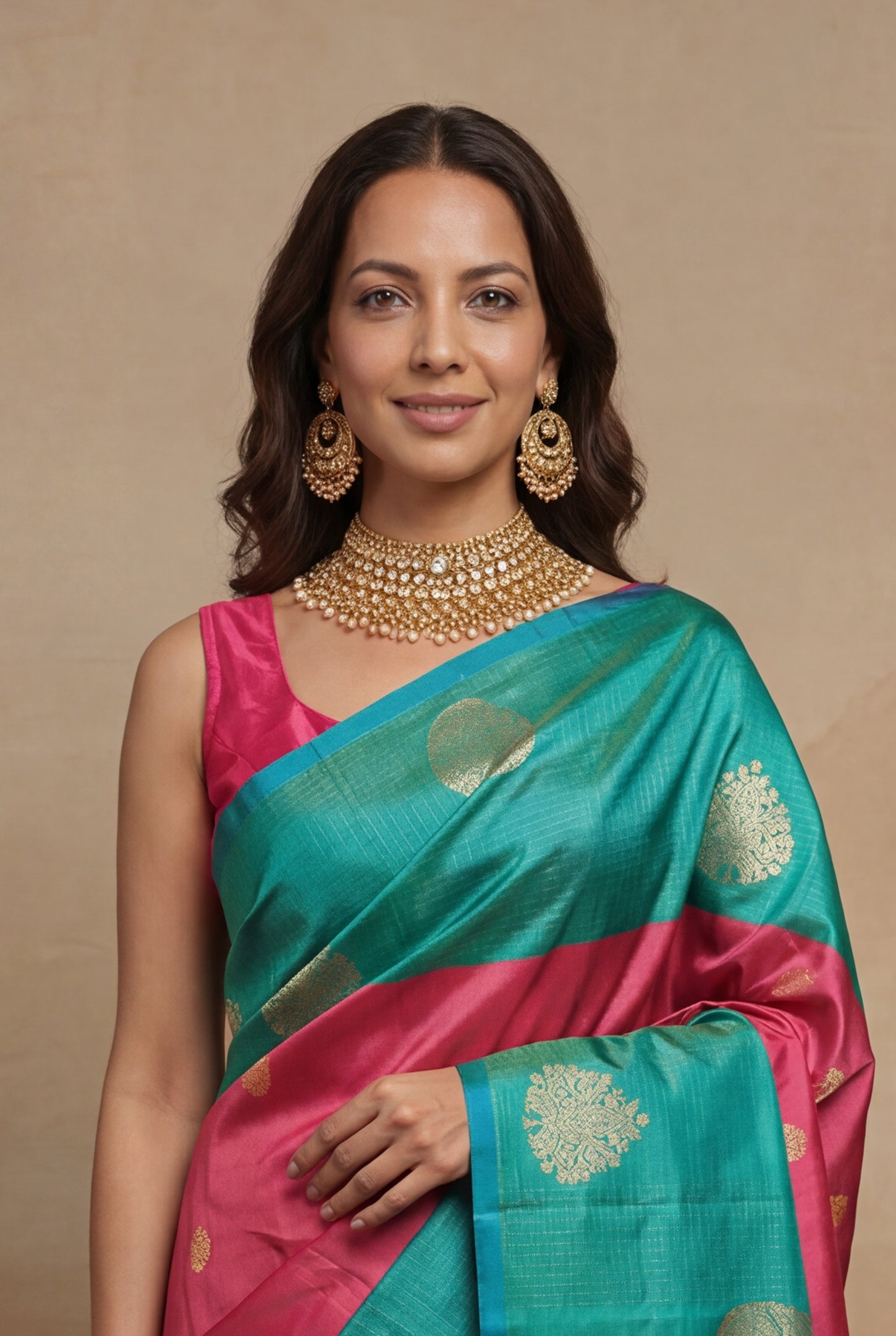 Coral Peach and Aqua Blue Kanchivaram Silk Saree