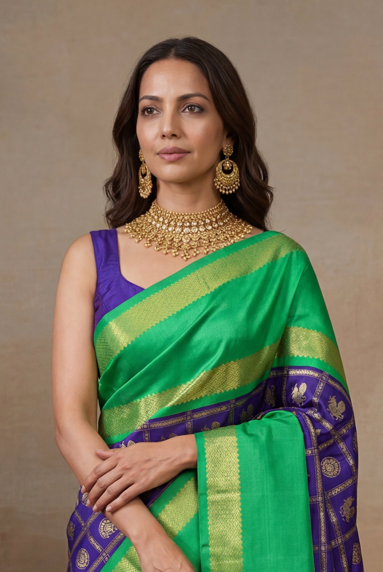 Royal Blue and Contrast Green Kanchivaram Silk Saree