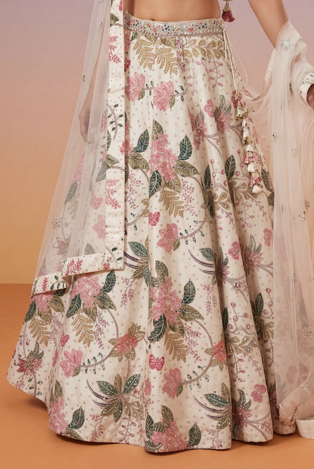 Ivory Floral Printed Raw Silk Lehenga