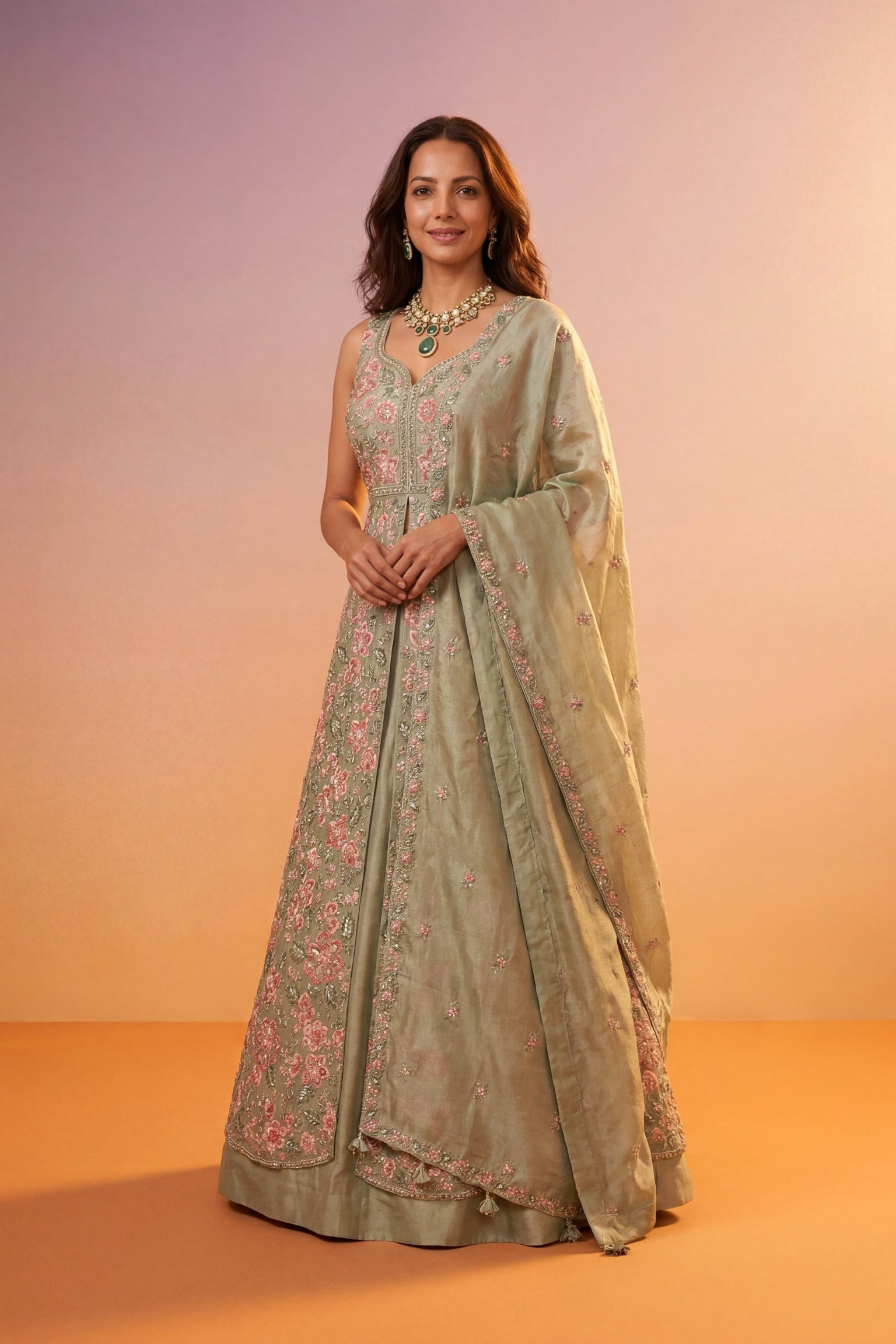 Sage Green Tissue Silk Indo-Western Lehenga