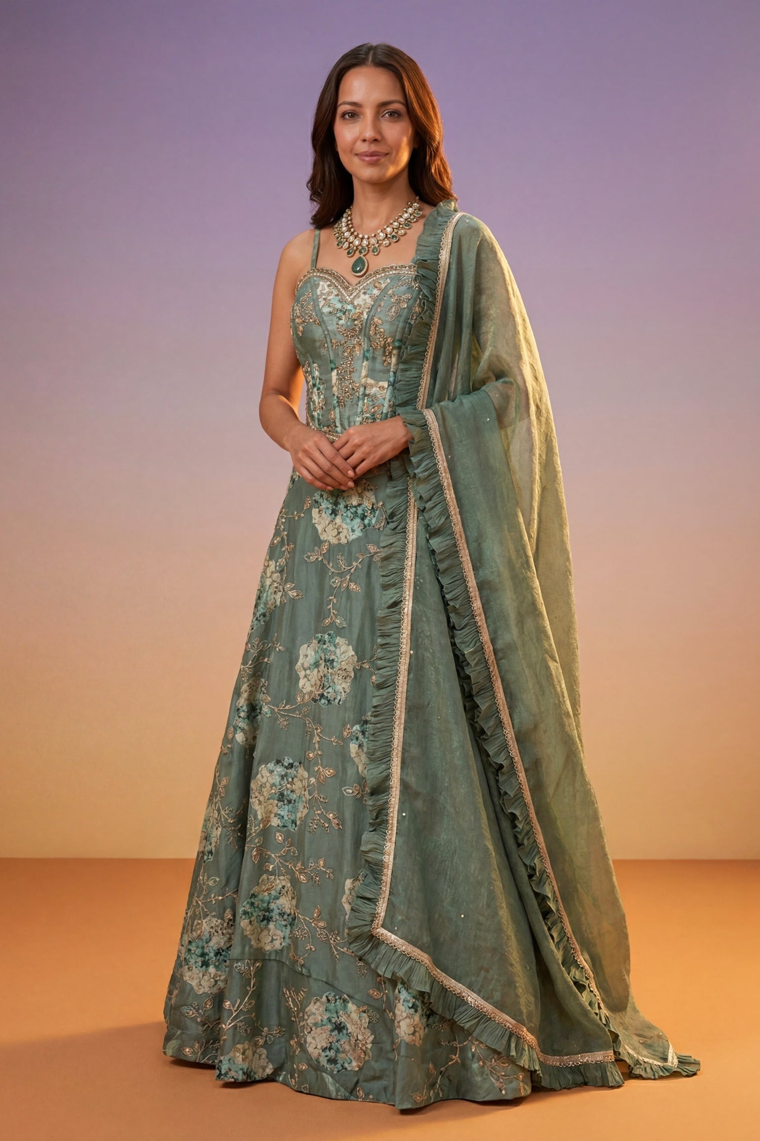 Sage Green Tissue Silk Corset Lehenga set