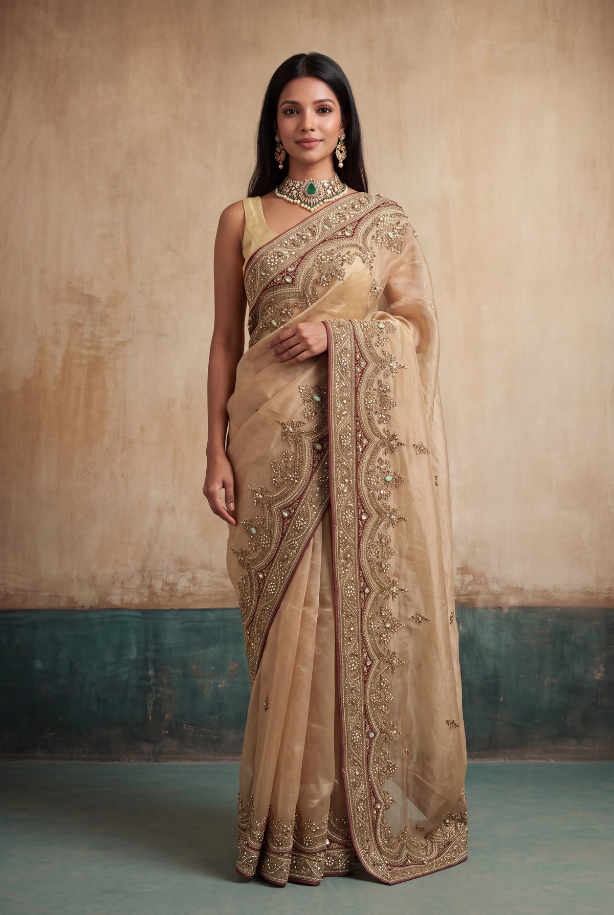 Gold Tissue Organza Zardosi Saree - Mokshaa