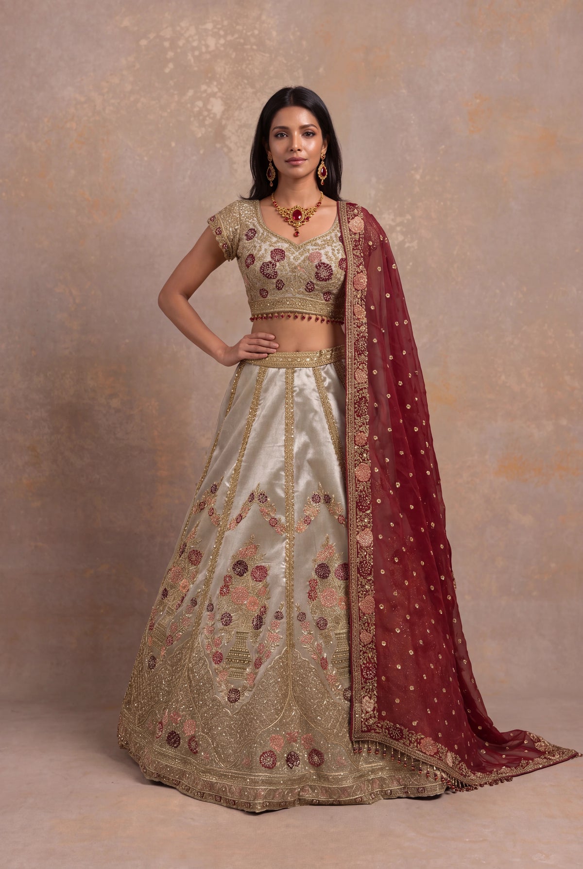 Gray Tissue Lehenga Set with Zardozi and Velvet Applique - Mokshaa