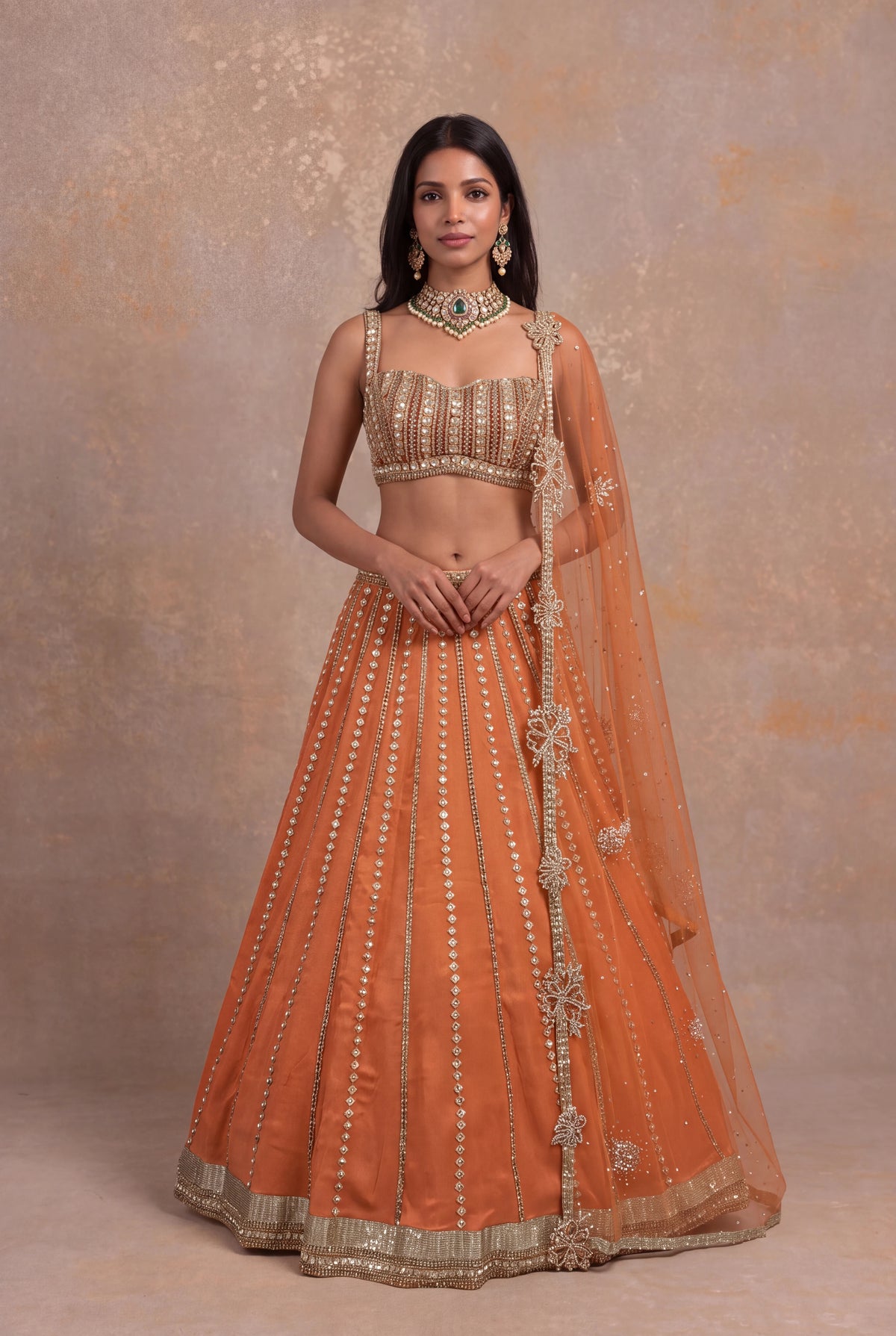 Gold Orange Tissue Lehenga Set with Sequin and Stone Work - Mokshaa