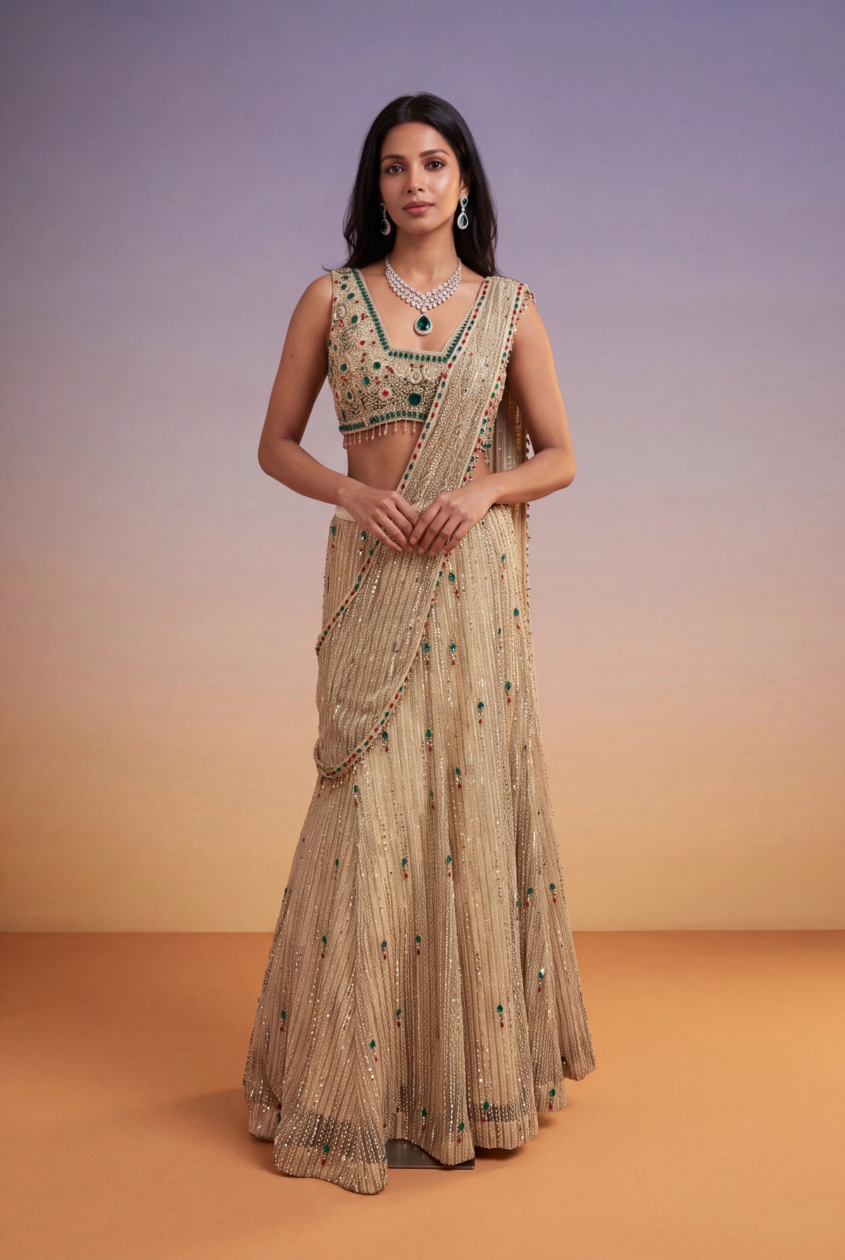 Gold Net Mermaid Lehenga with Jewel-Stone & Kutdana Embroidery - Mokshaa