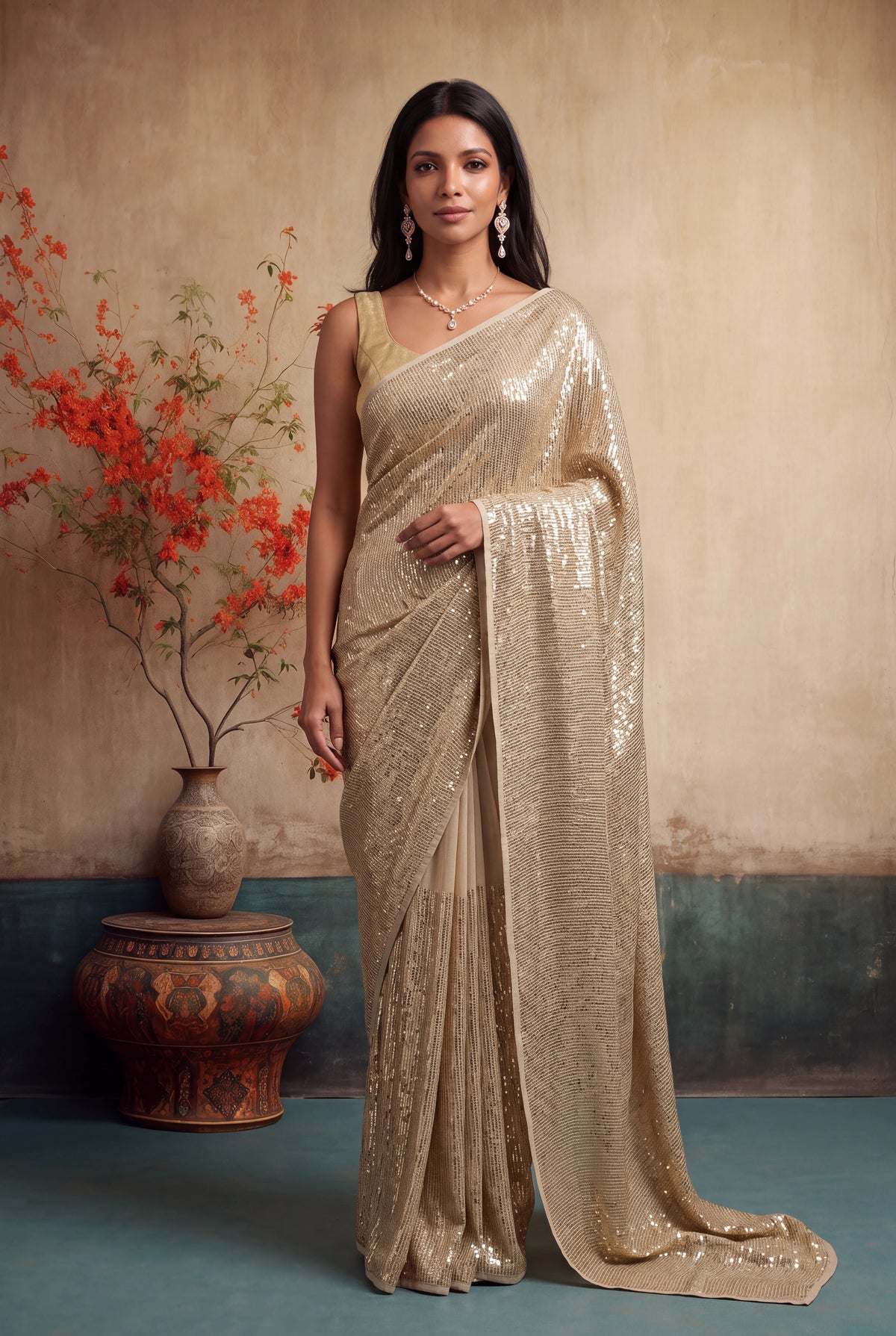 Beige Georgette Saree - Mokshaa