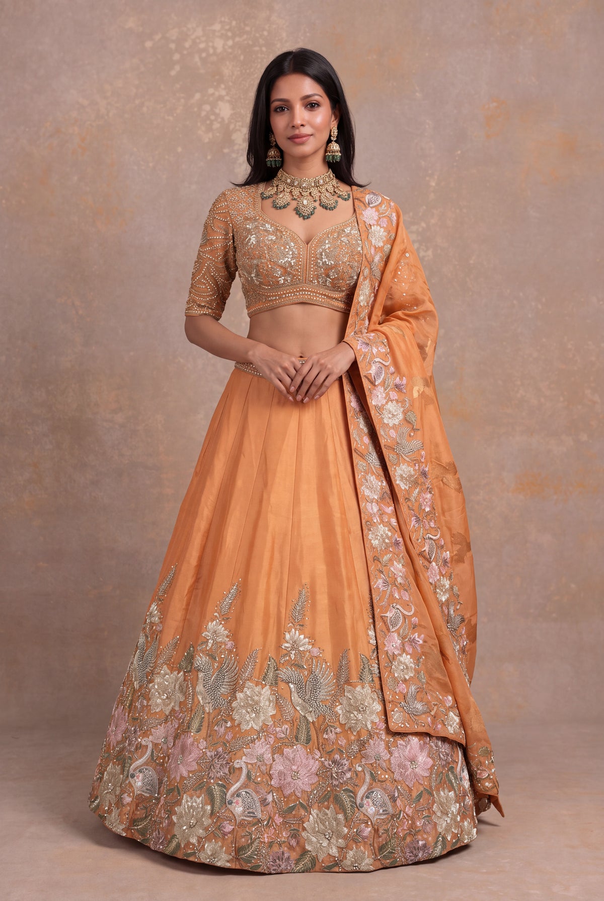 Light Orange Organza Tissue Floral Embroidered Lehenga - Mokshaa