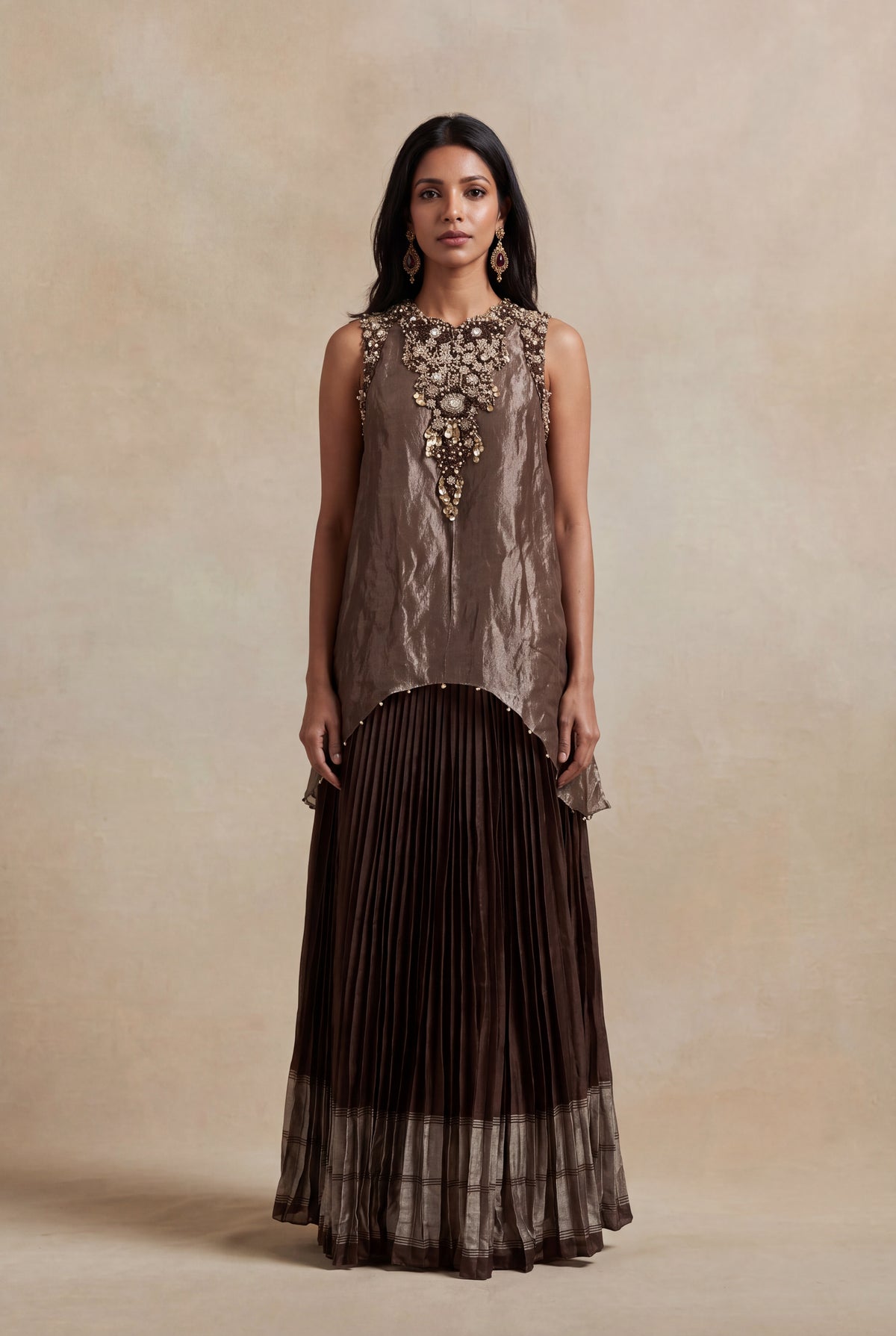 Bronze Crushed Tissue Top with Woven Silk Pleated Skirt - Mokshaa