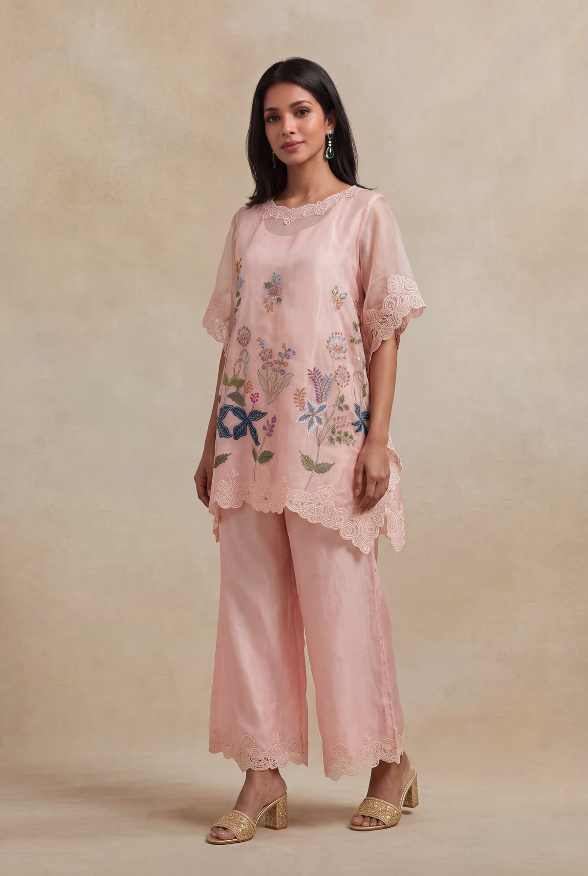 Blush Pink Organza Kaftan with Floral Thread Embroidery - Mokshaa