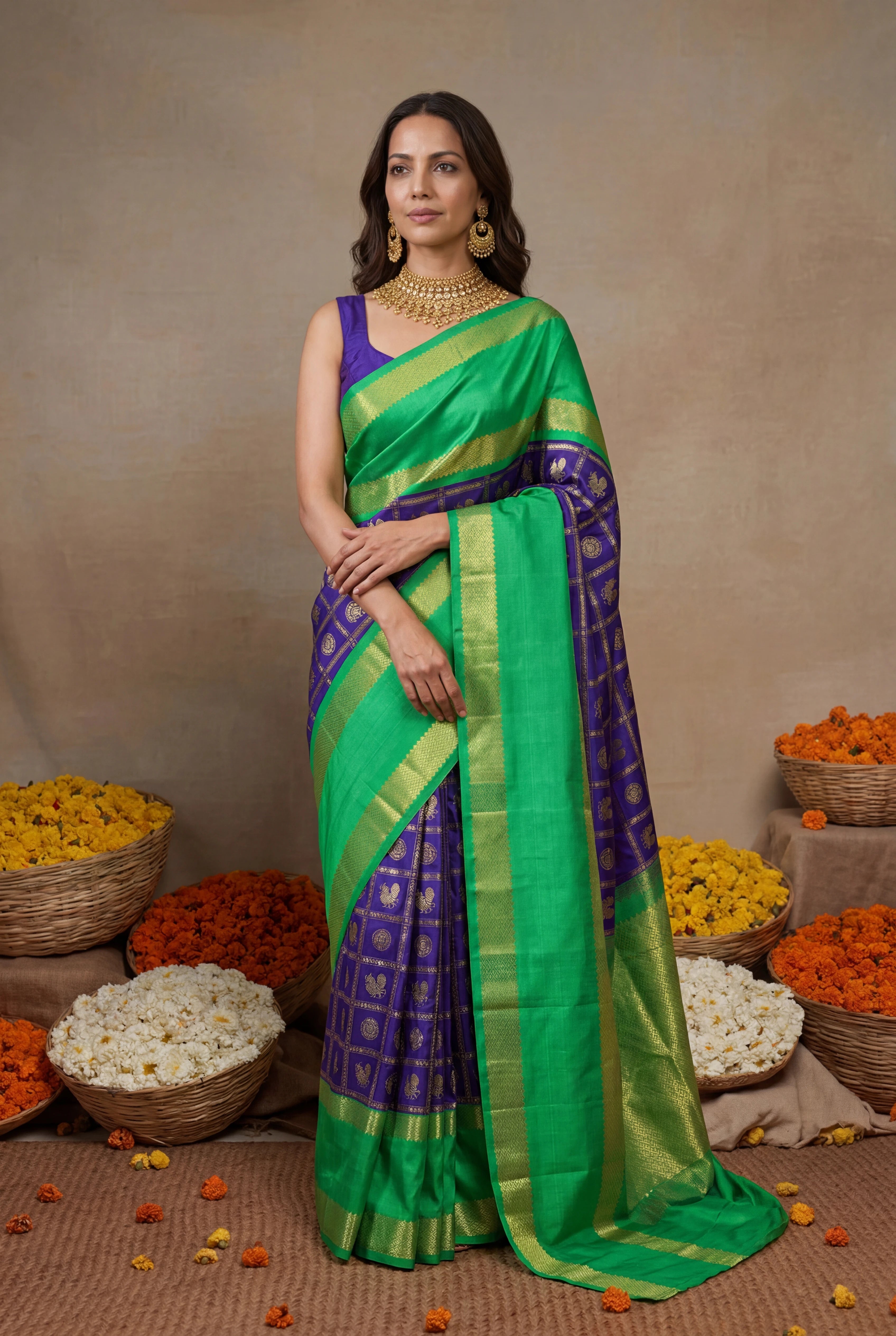 Royal Blue and Contrast Green Kanchivaram Silk Saree
