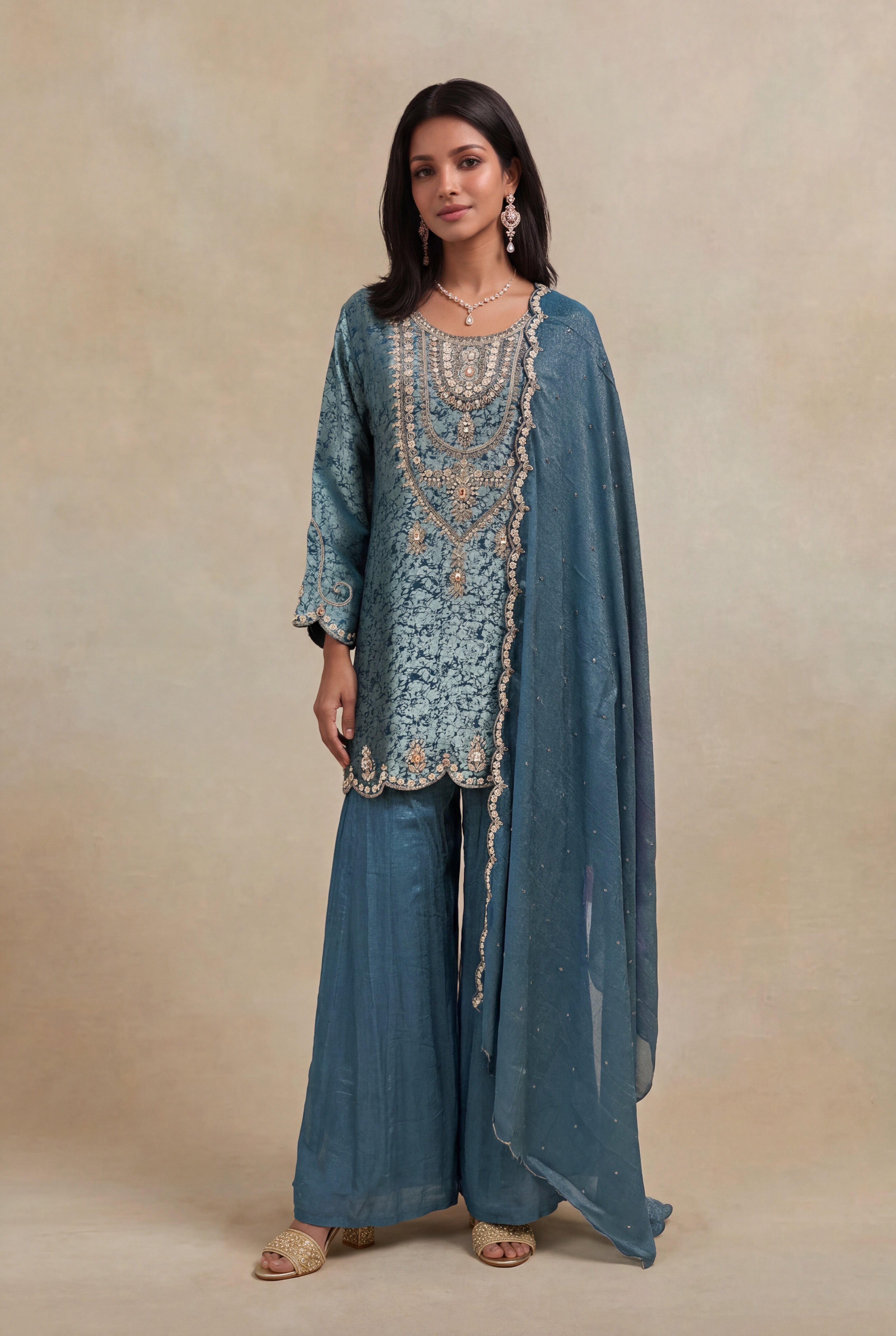 Blue Tissue Short Kurta Sharara Set