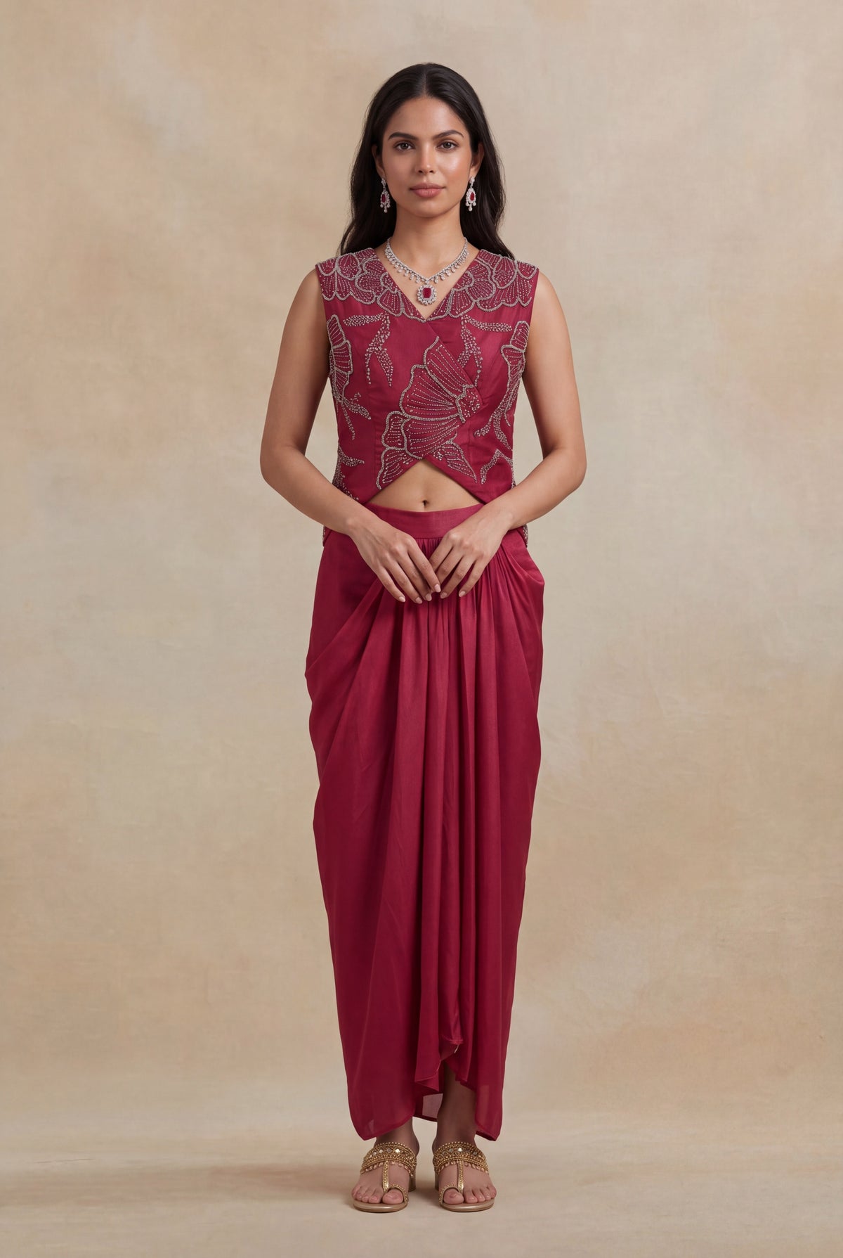 Wine Indo-Western Crop Top & Drape Skirt - Mokshaa