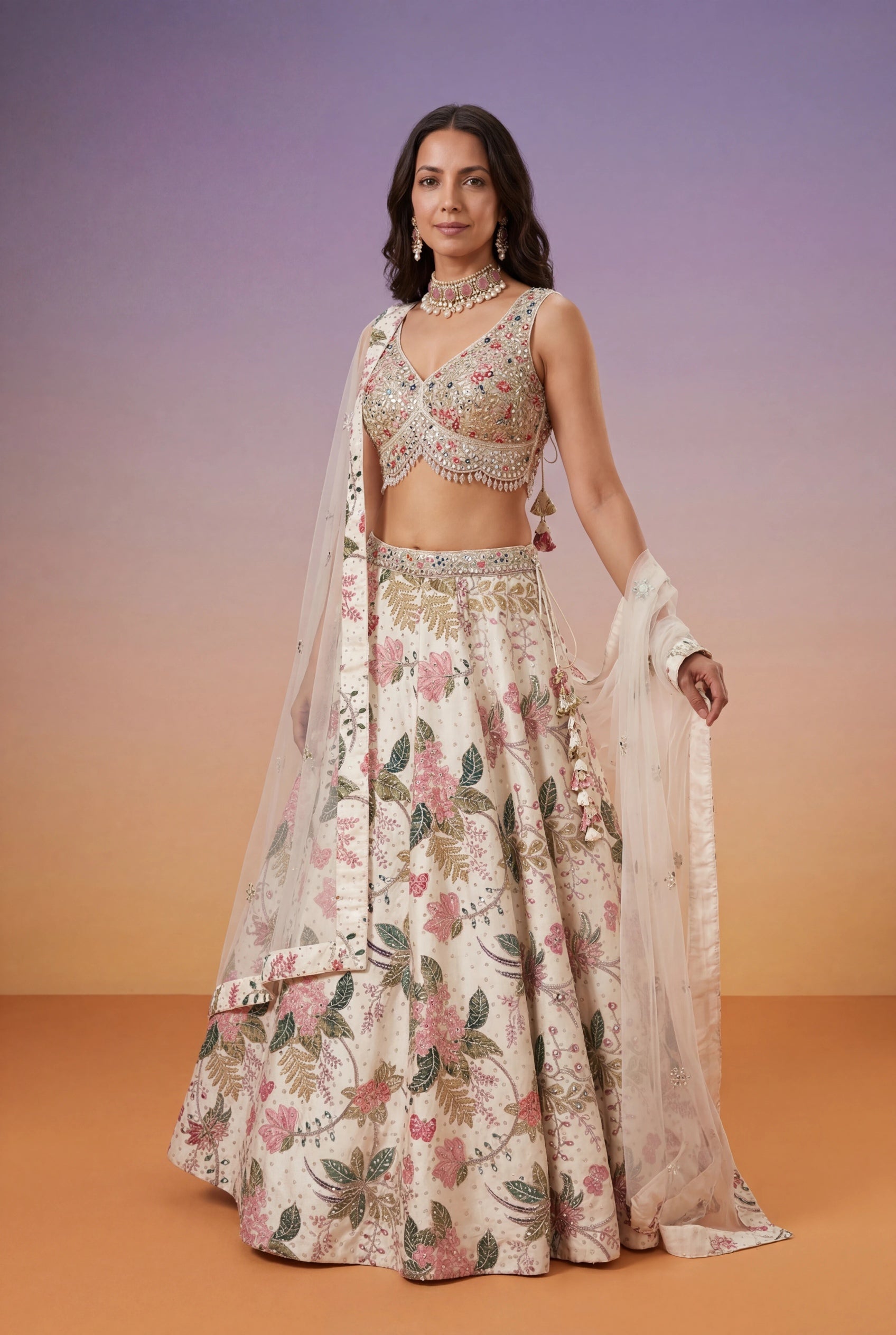 Ivory Floral Printed Raw Silk Lehenga