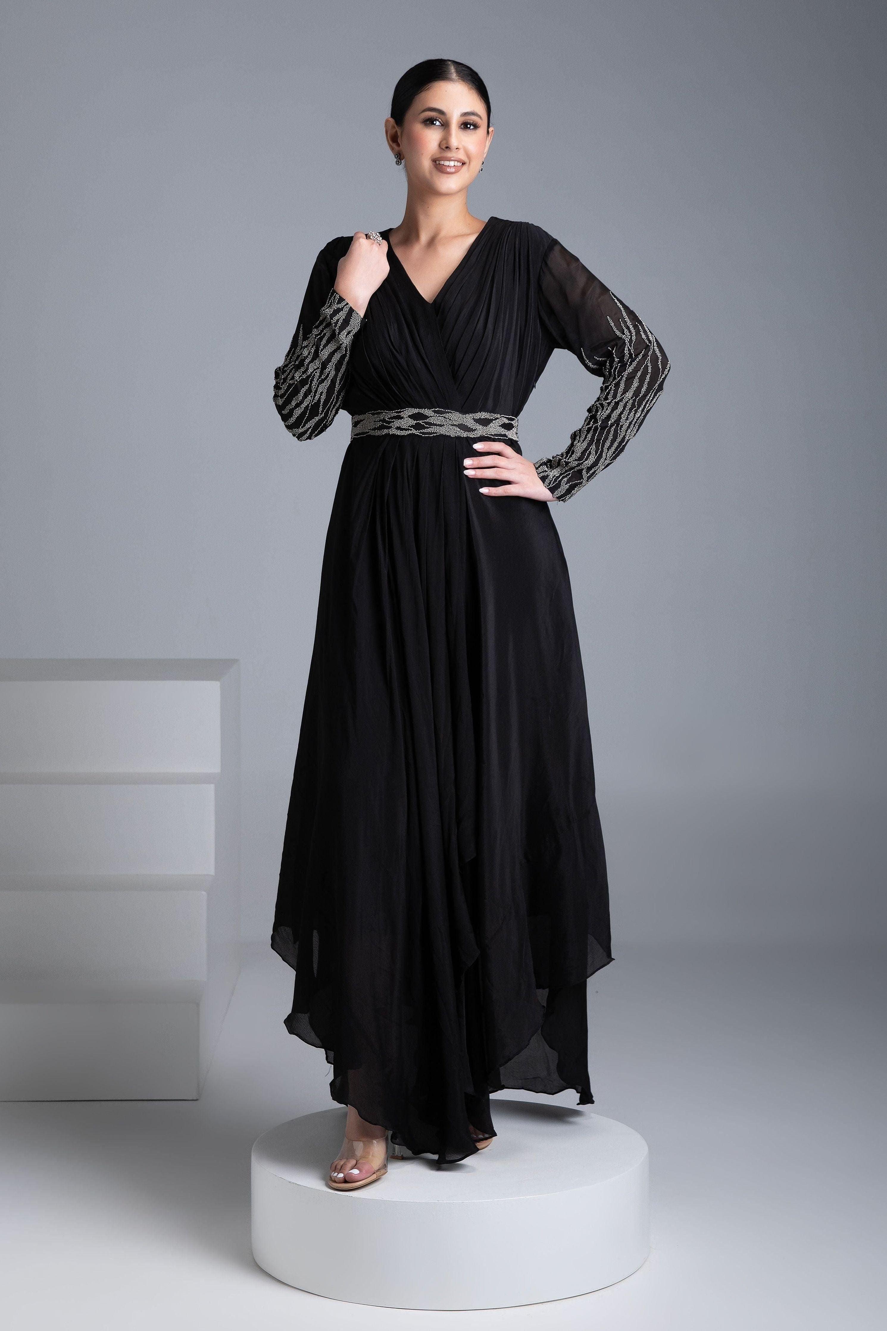 Black Georgette Gown With Silver Embroidery - Mokshaa
