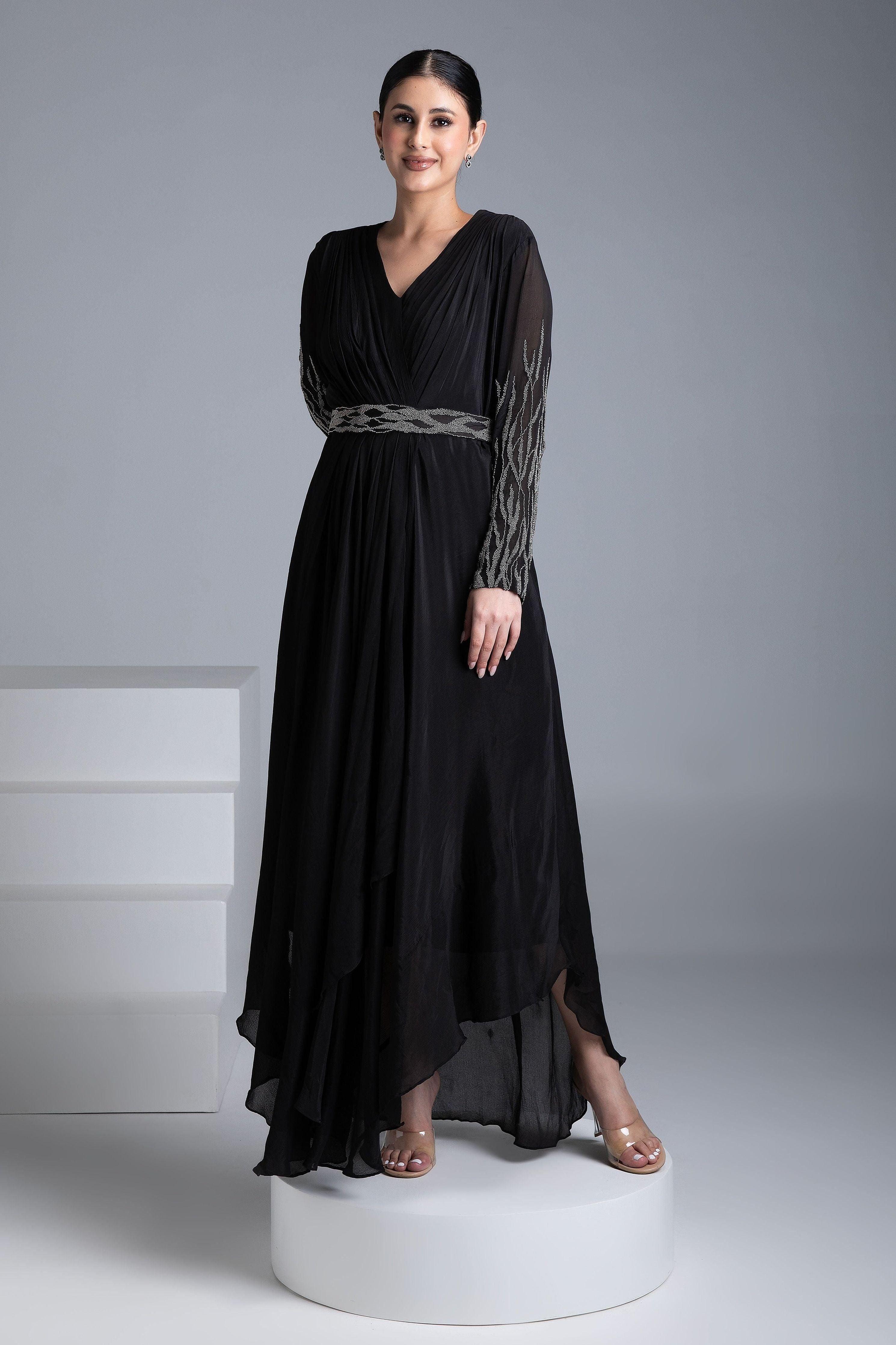 Black Georgette Gown With Silver Embroidery - Mokshaa