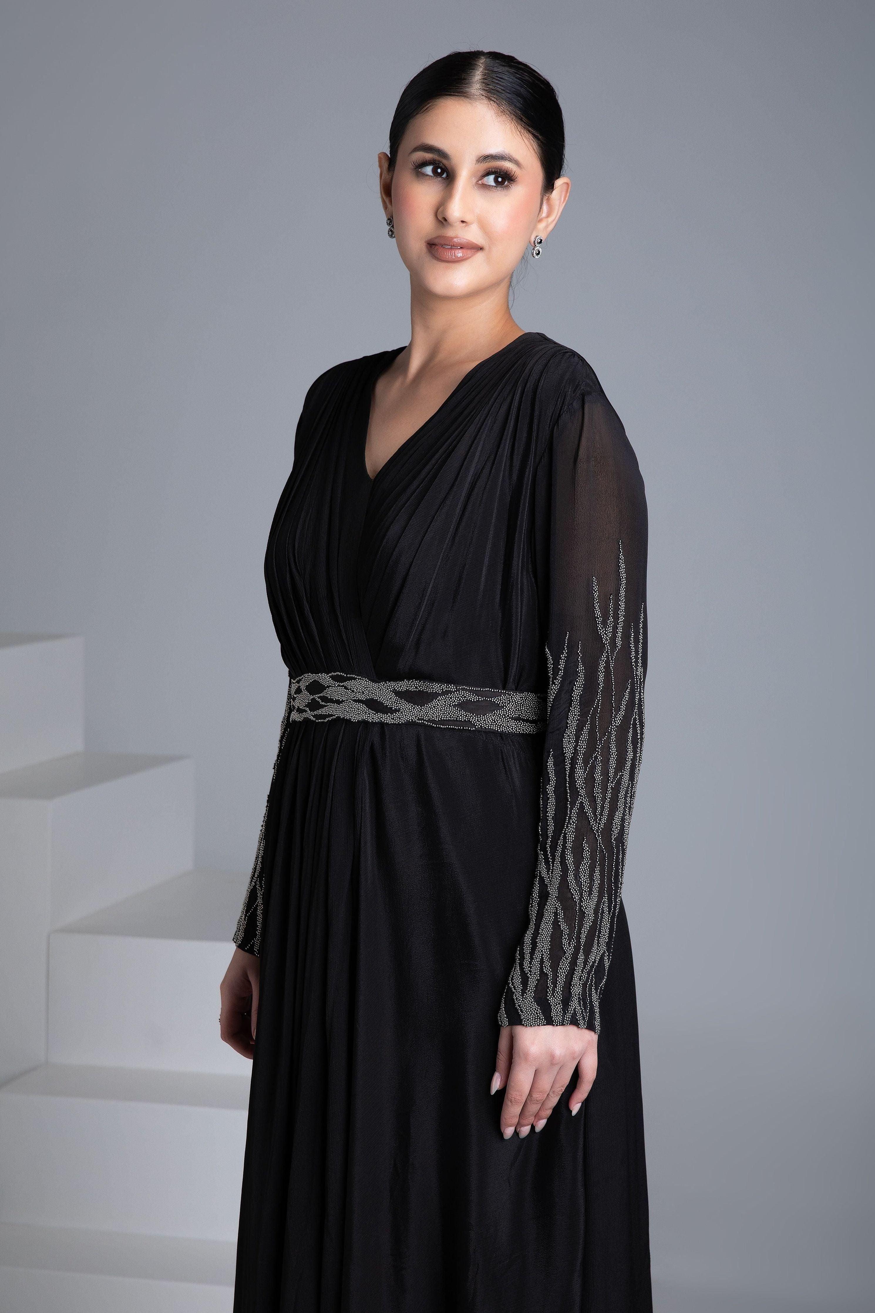 Black Georgette Gown With Silver Embroidery - Mokshaa