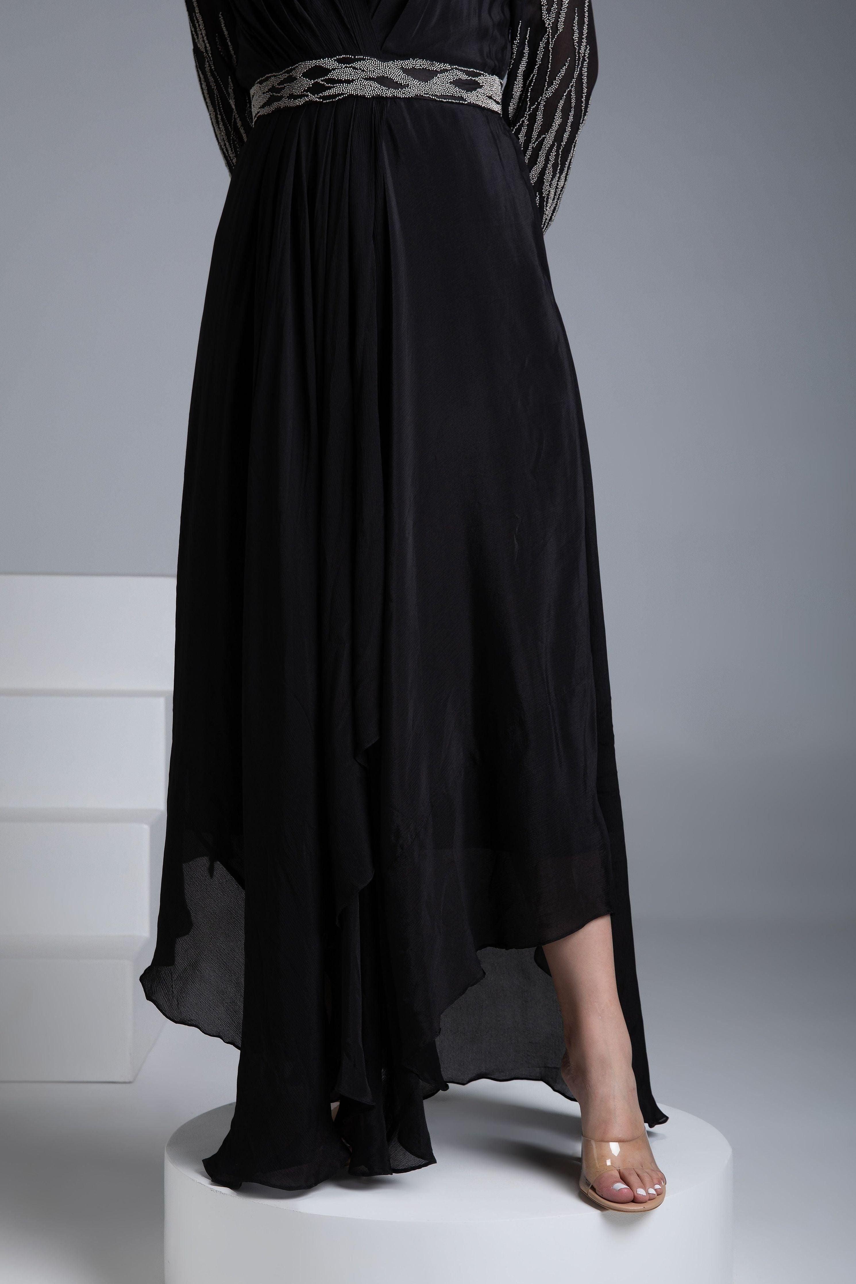 Black Georgette Gown With Silver Embroidery - Mokshaa