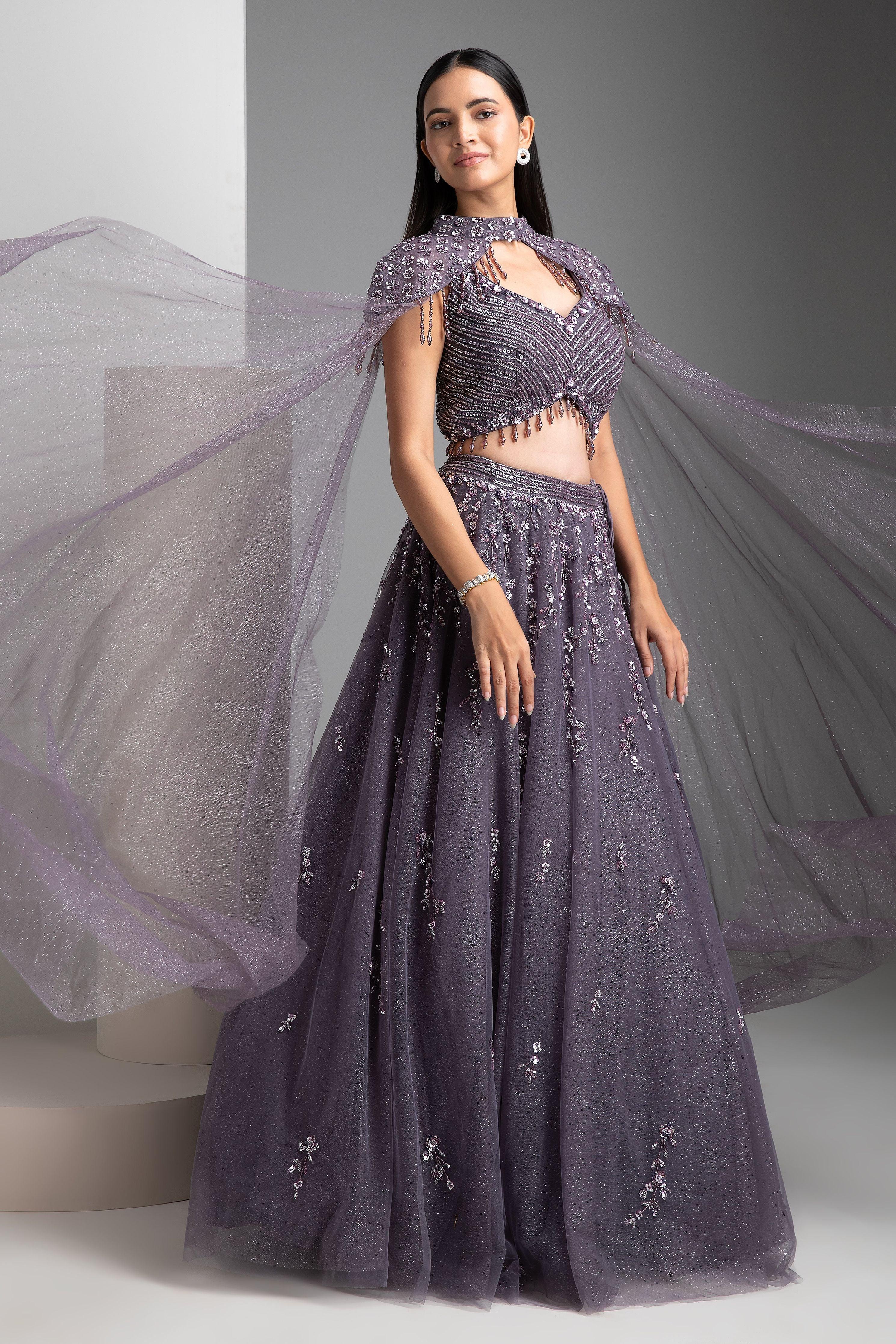 Cloudy Grey Shimmer Lehenga With Cape - Mokshaa