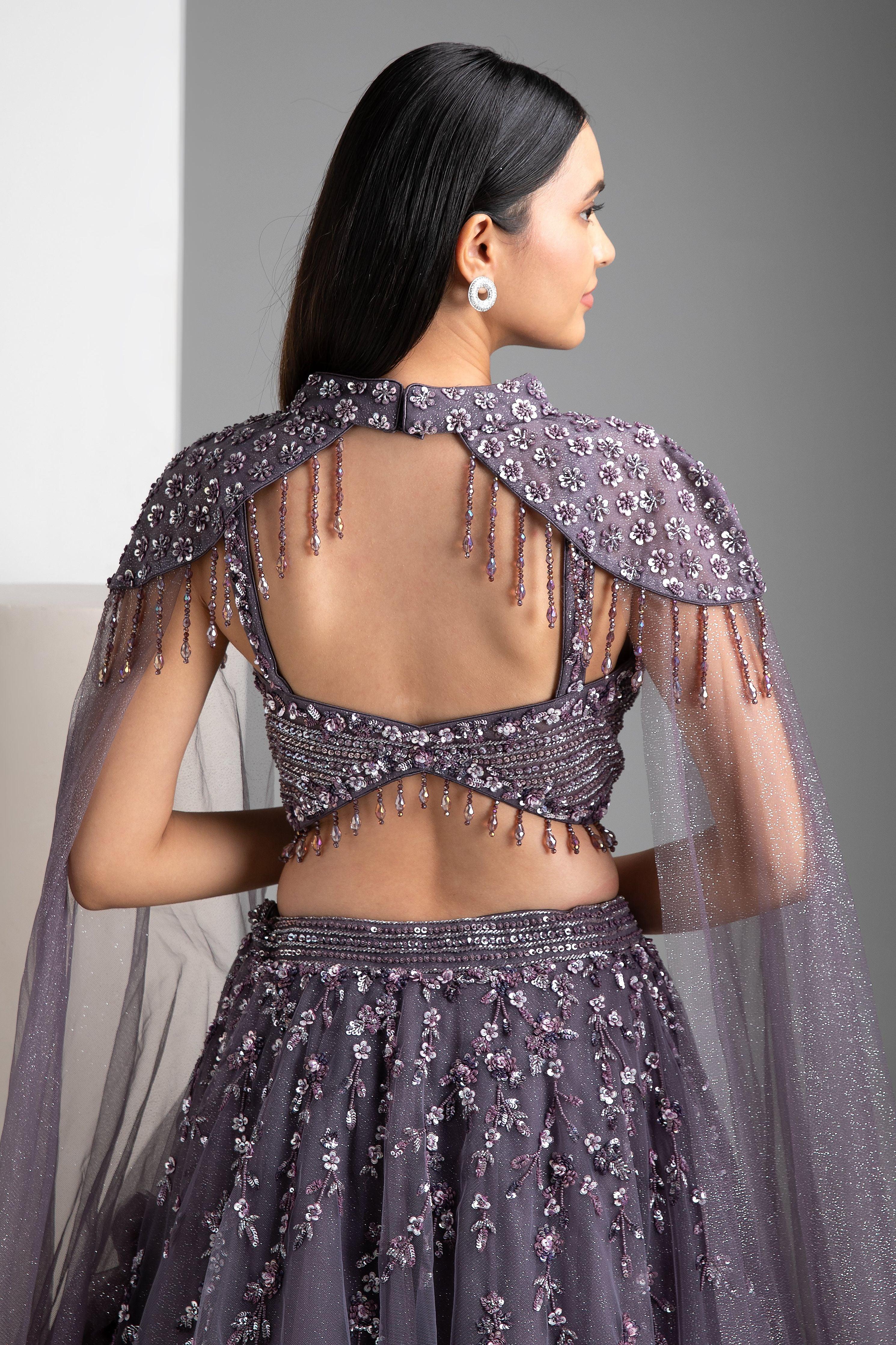 Cloudy Grey Shimmer Lehenga With Cape - Mokshaa