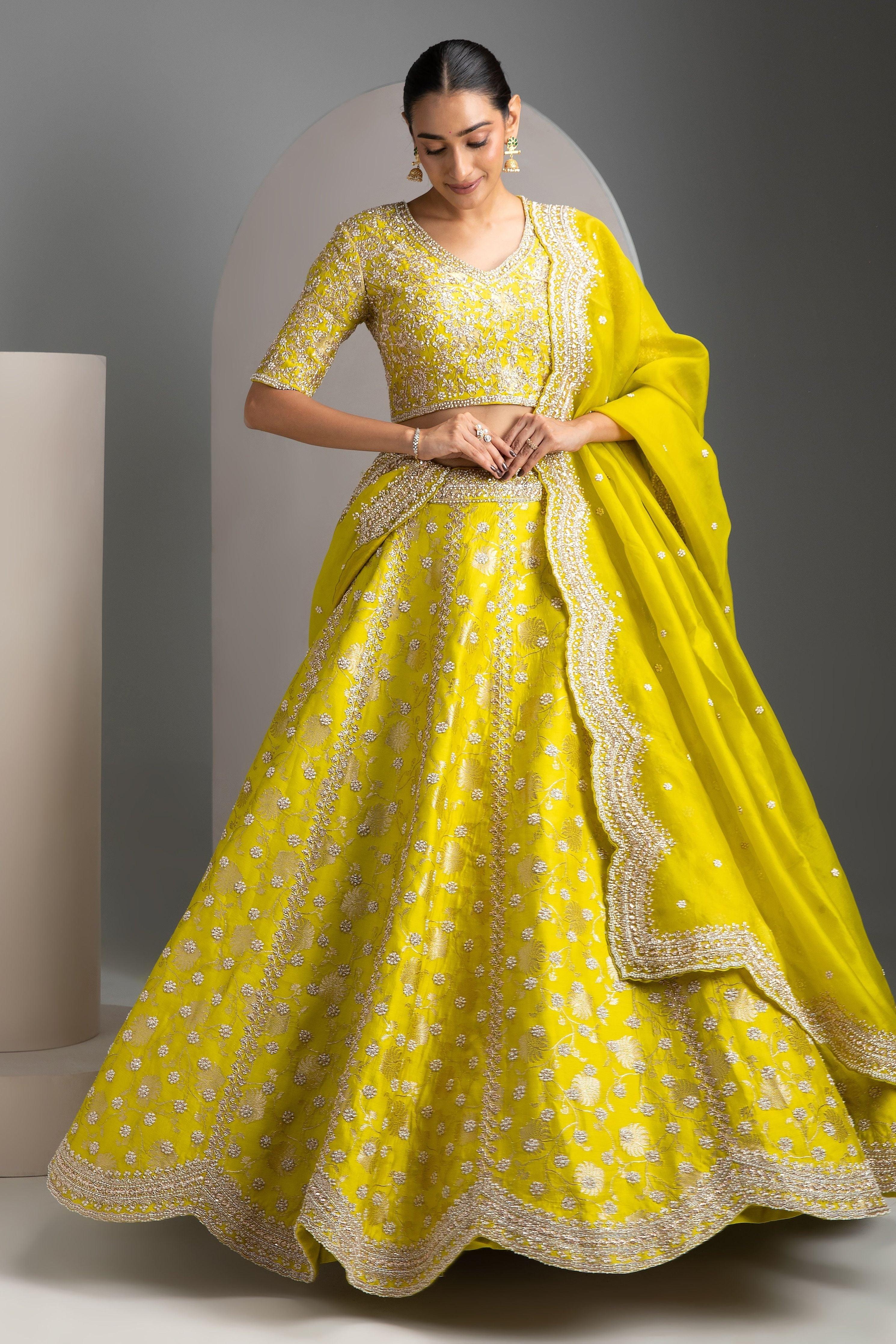 Lime Green Benarasi Lehenga Set - Mokshaa
