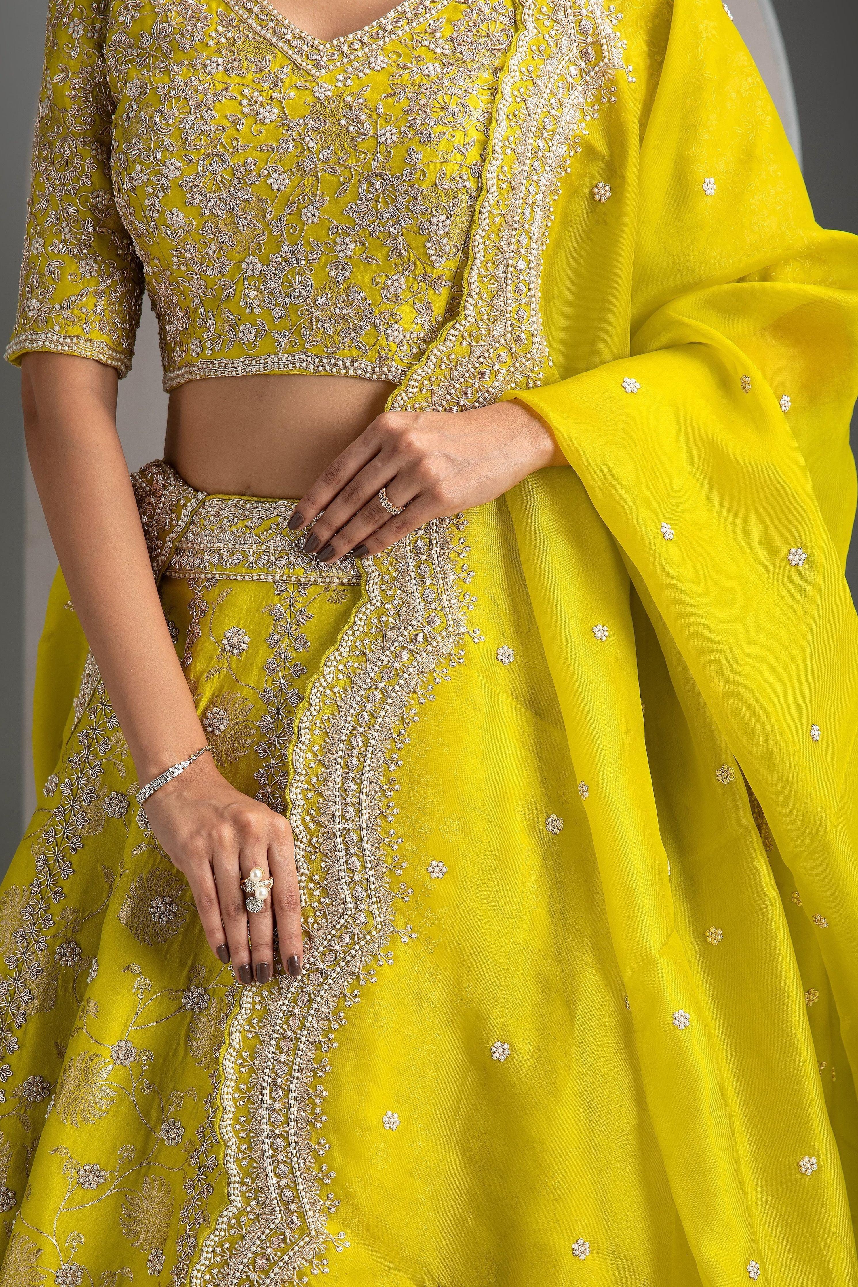 Lime Green Benarasi Lehenga Set - Mokshaa