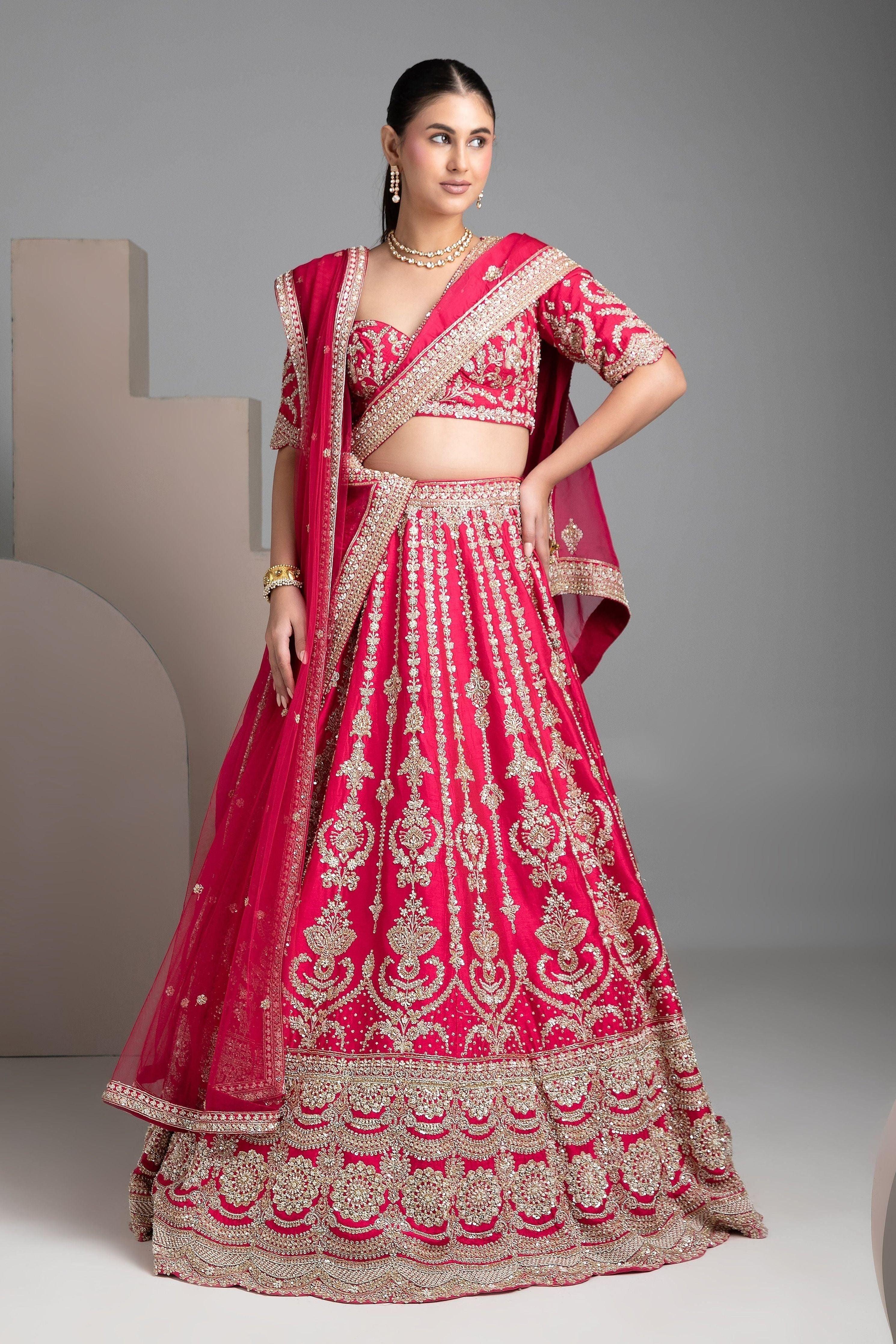 Red Lehenga Set With Double Dupatta - Mokshaa