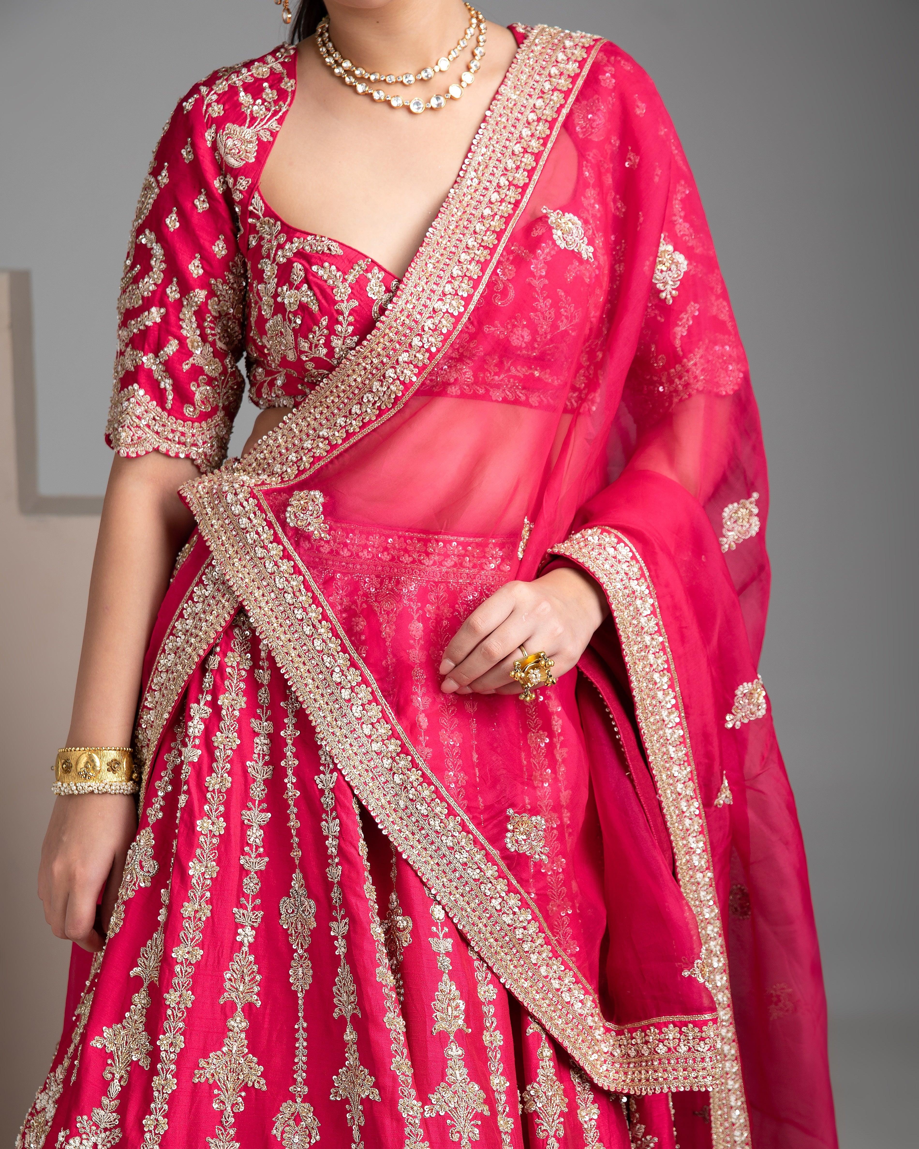 Red Lehenga Set With Double Dupatta - Mokshaa