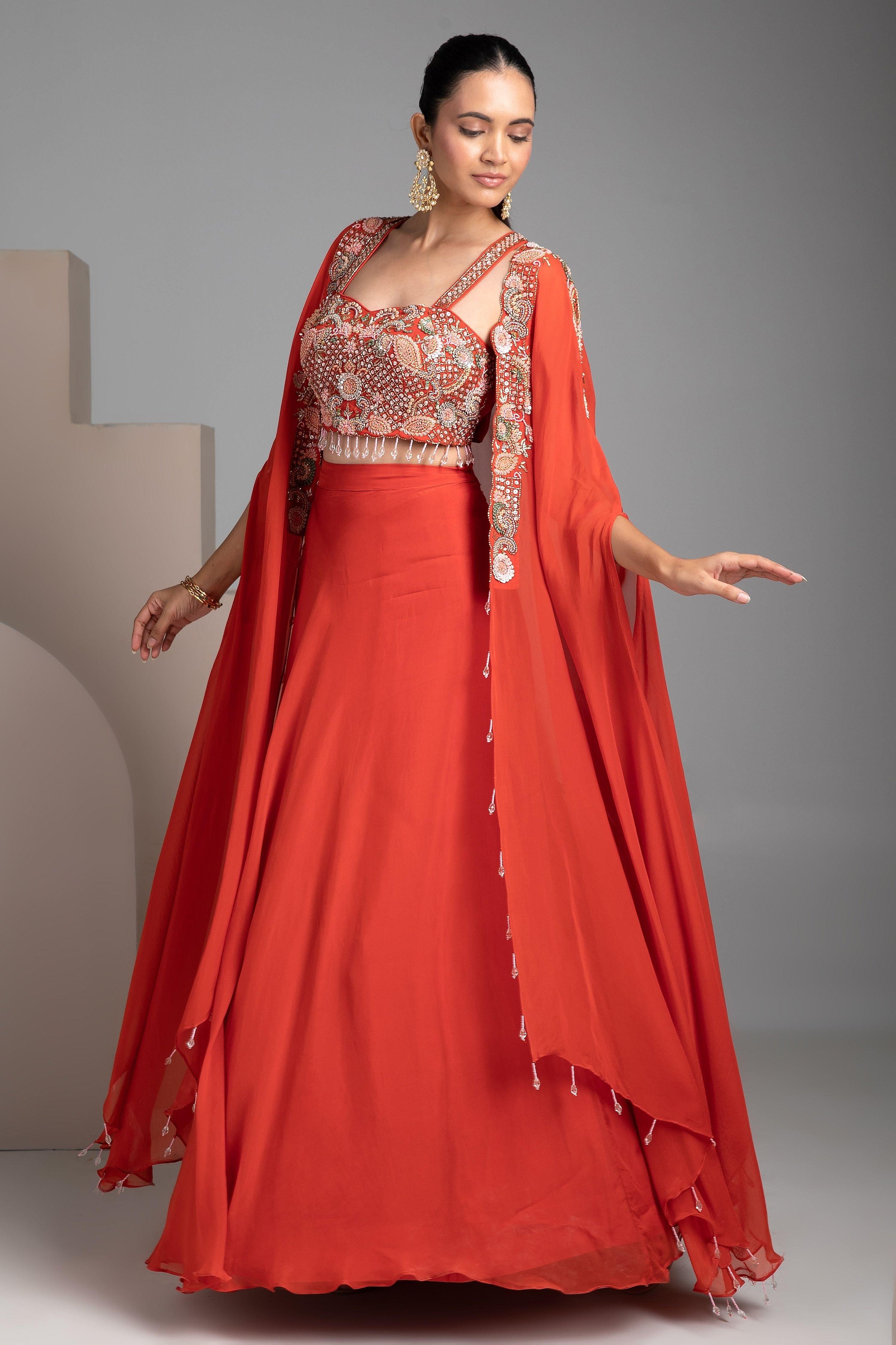 Orange Skirt With Cape - Mokshaa