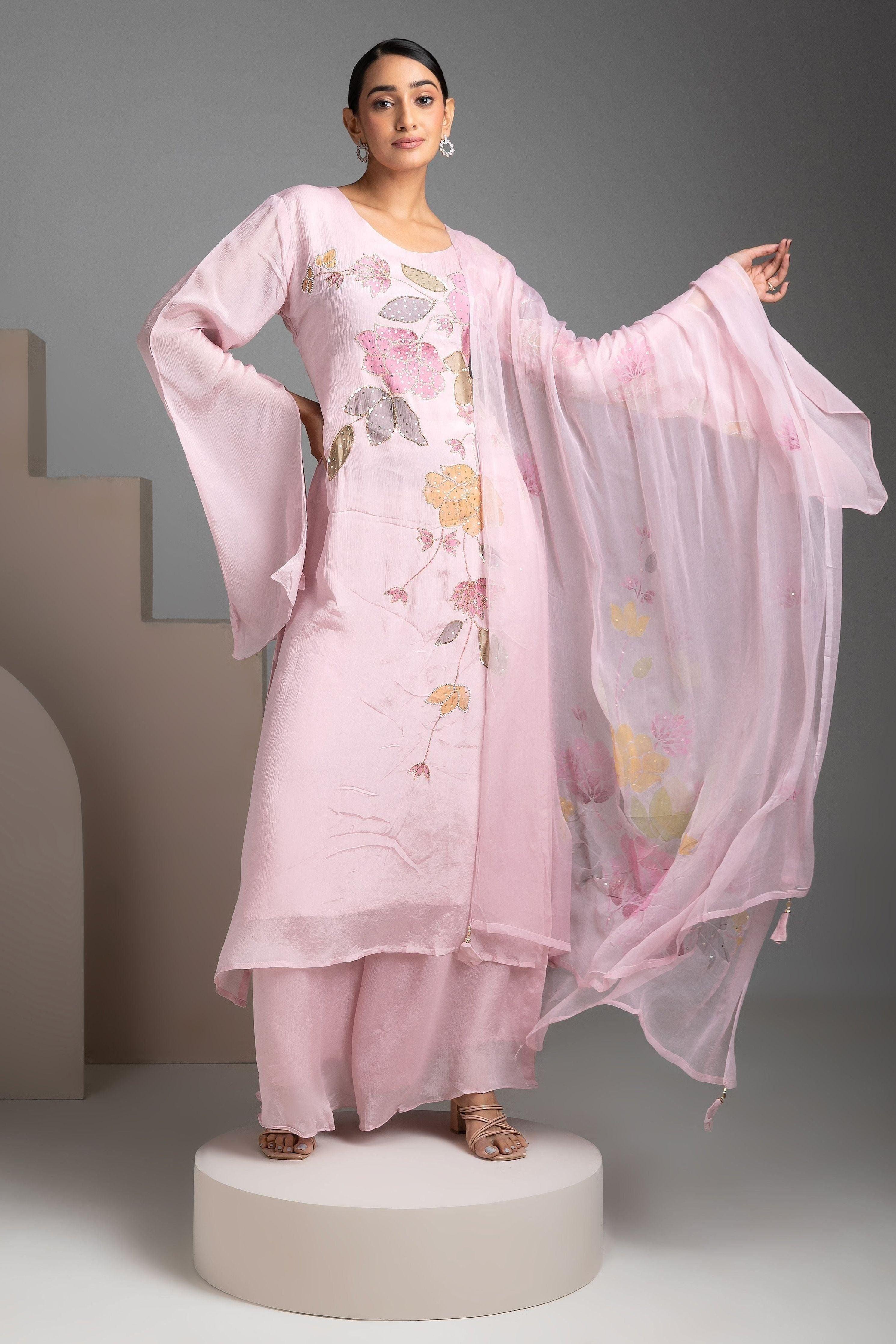 Pink Chinon Kurta And Palazzo Set - Mokshaa