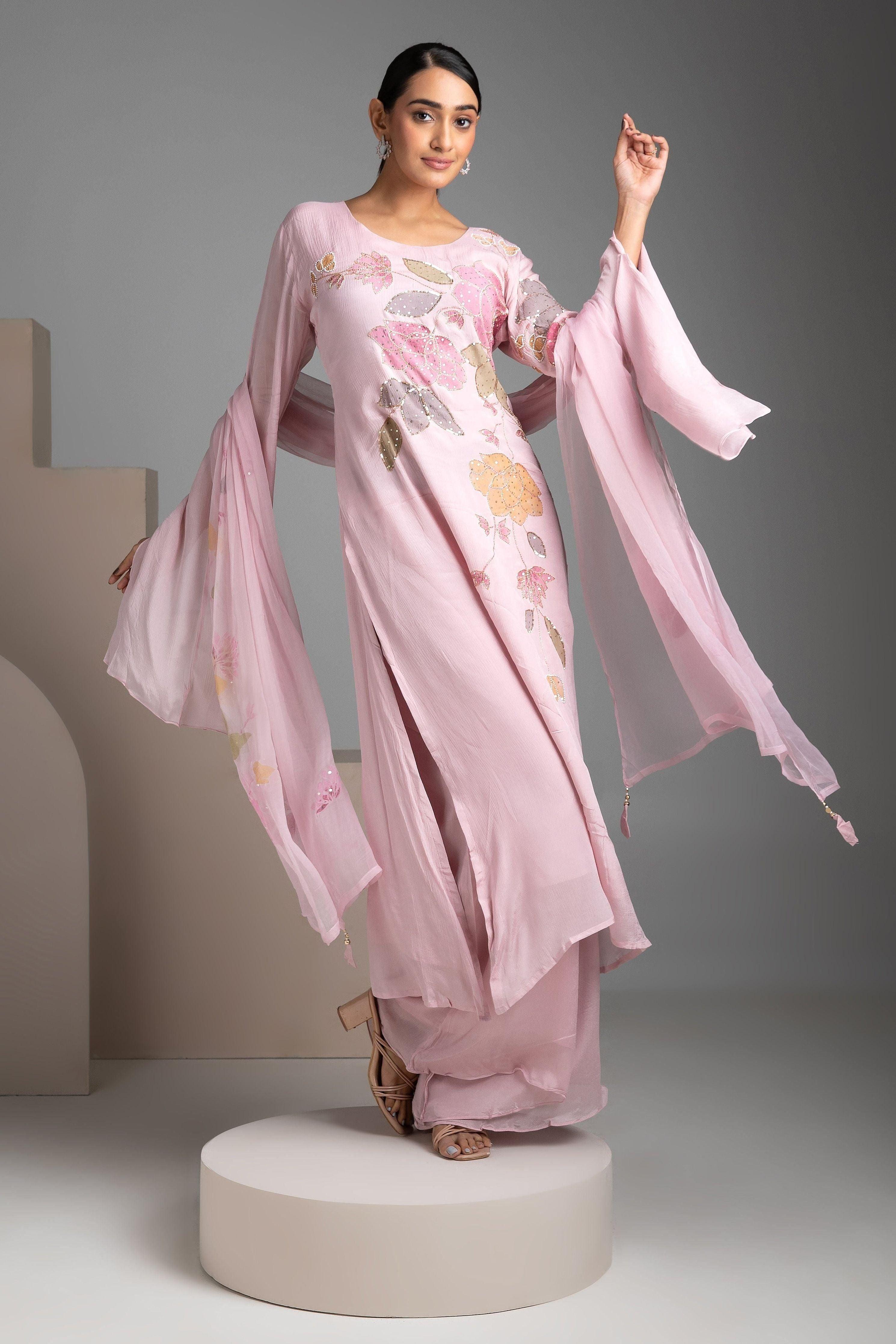 Pink Chinon Kurta And Palazzo Set - Mokshaa