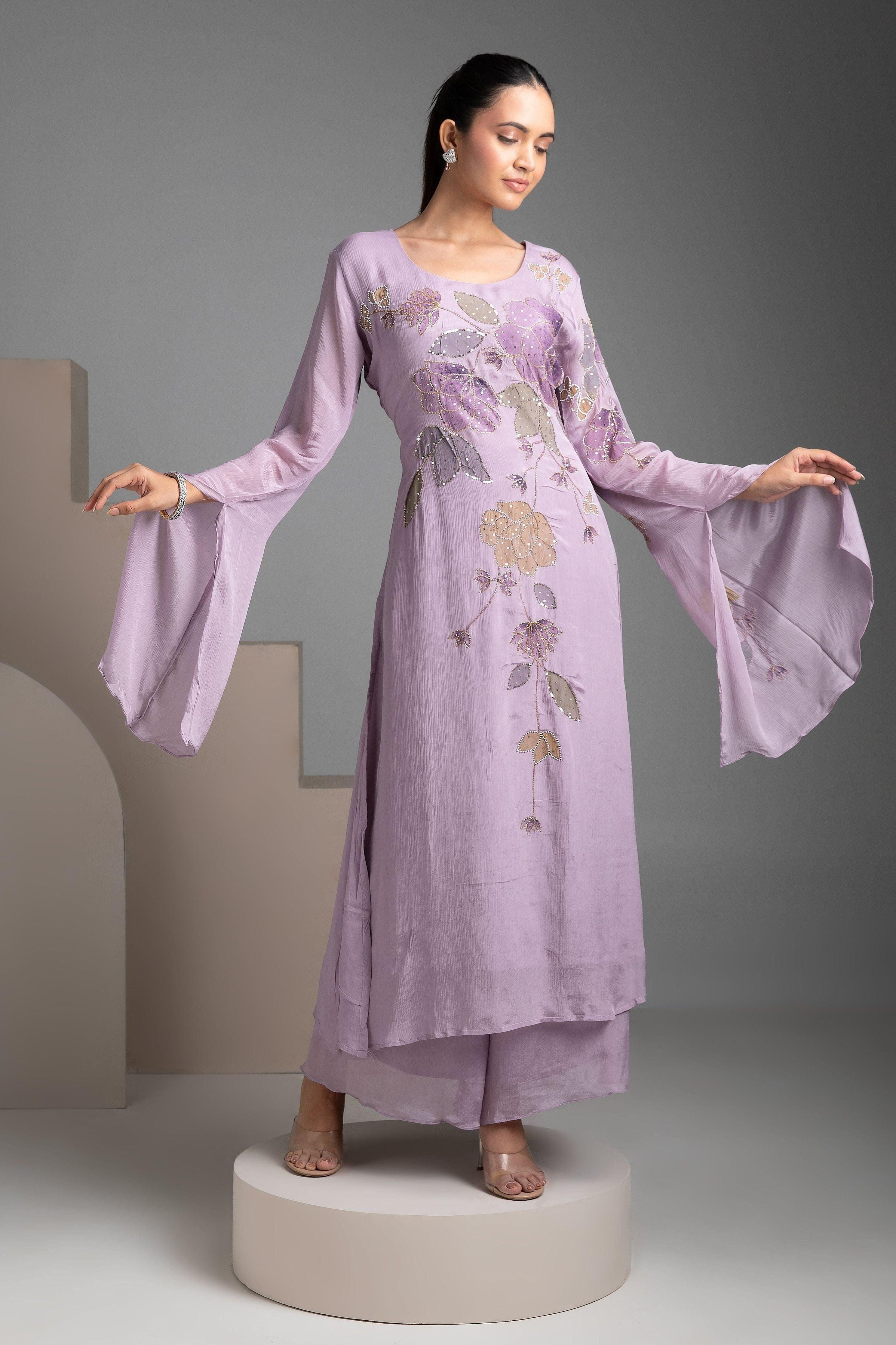 Lilac Chinon Kurta And Palazzo Set - Mokshaa