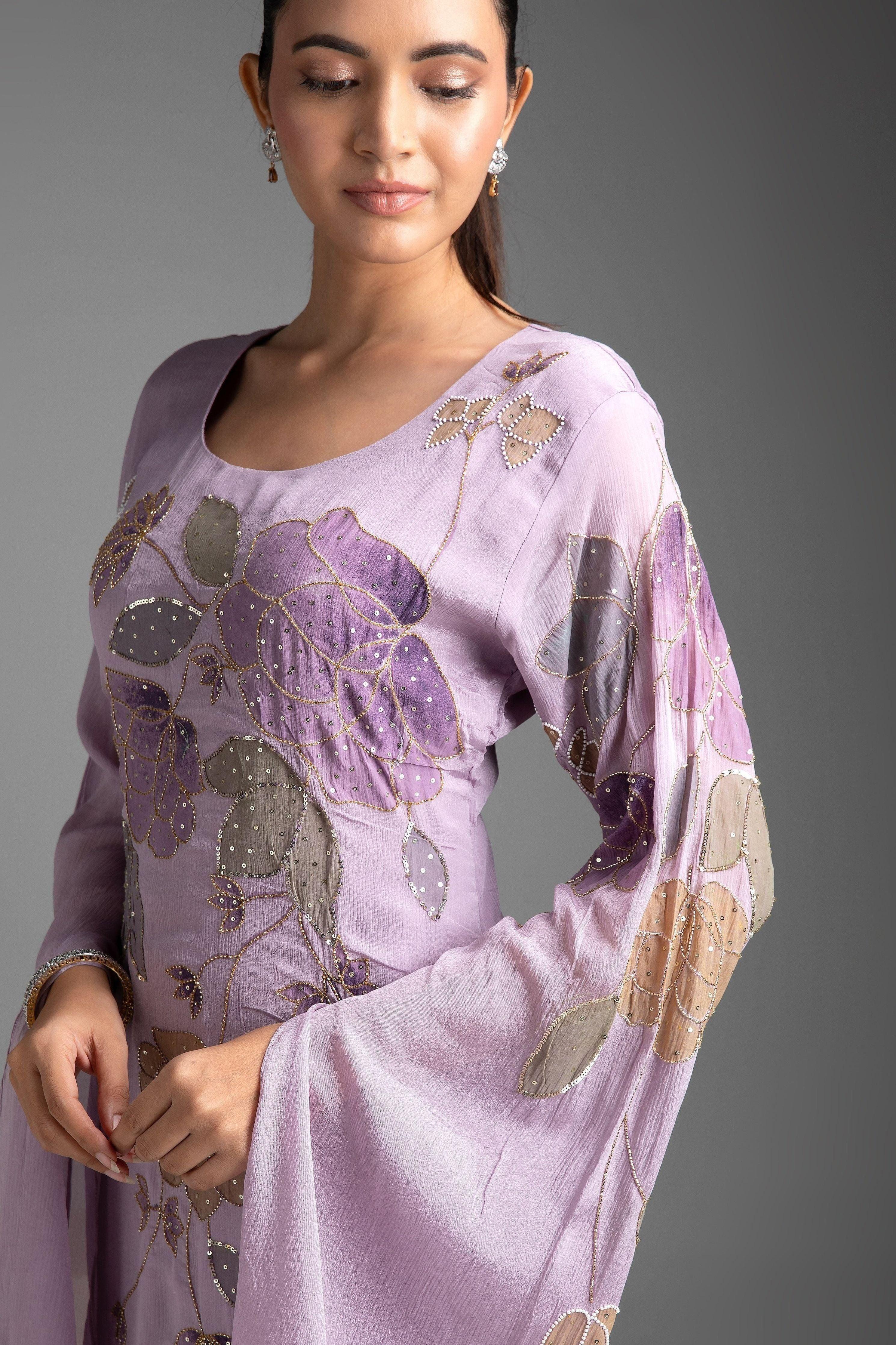 Lilac Chinon Kurta And Palazzo Set - Mokshaa
