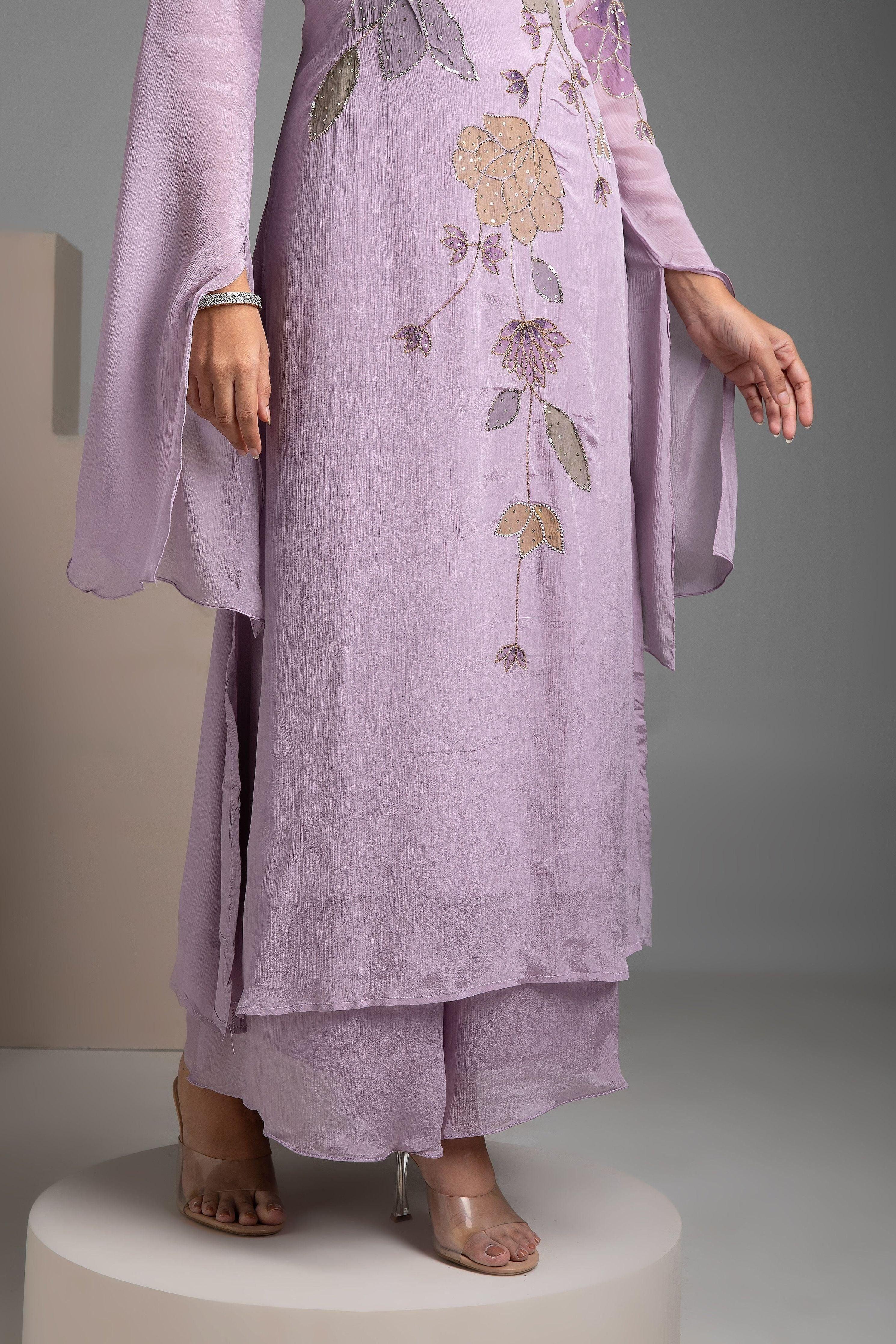 Lilac Chinon Kurta And Palazzo Set - Mokshaa